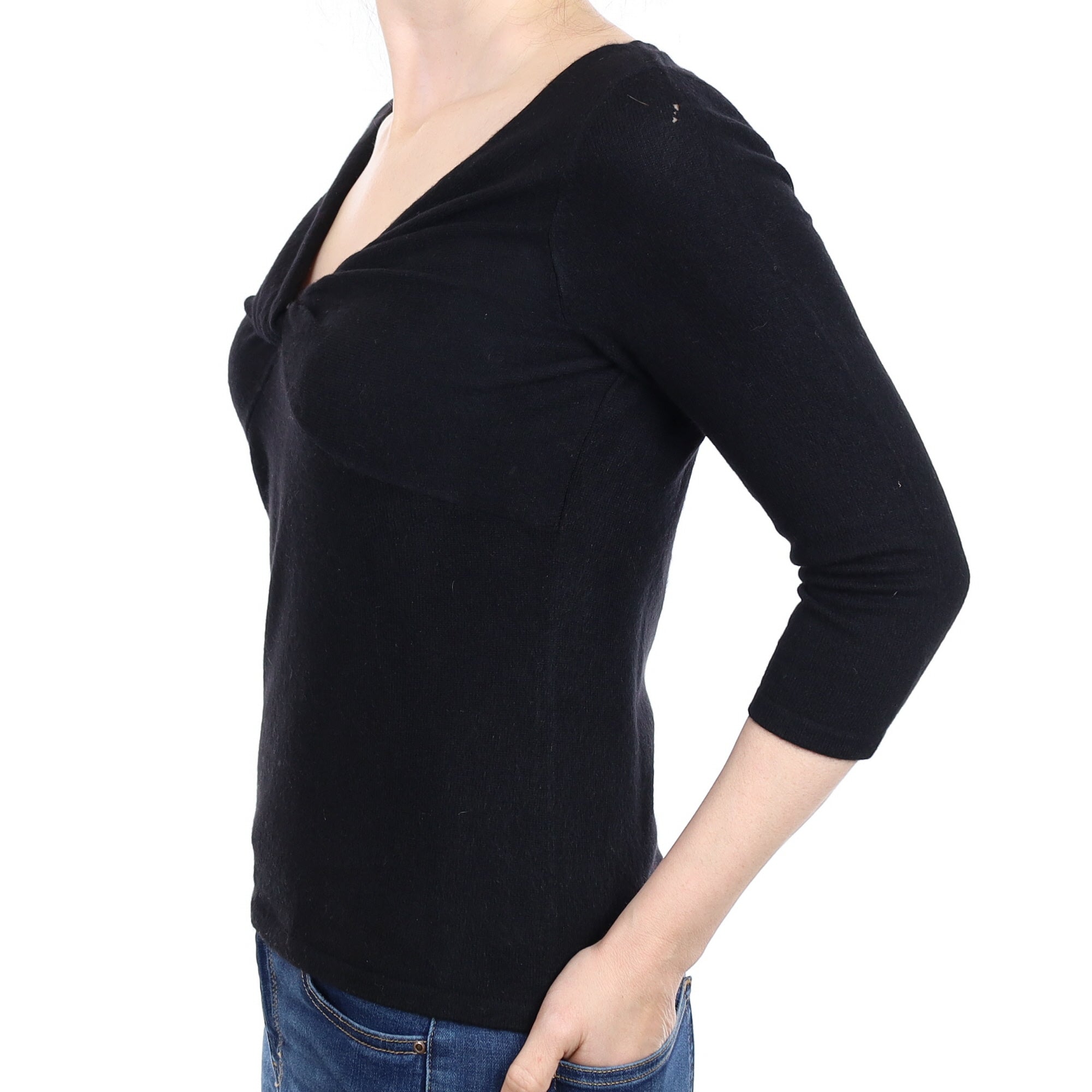 Black Knot Front Cashmere 3/4 Sleeve V Neck Jumper Small