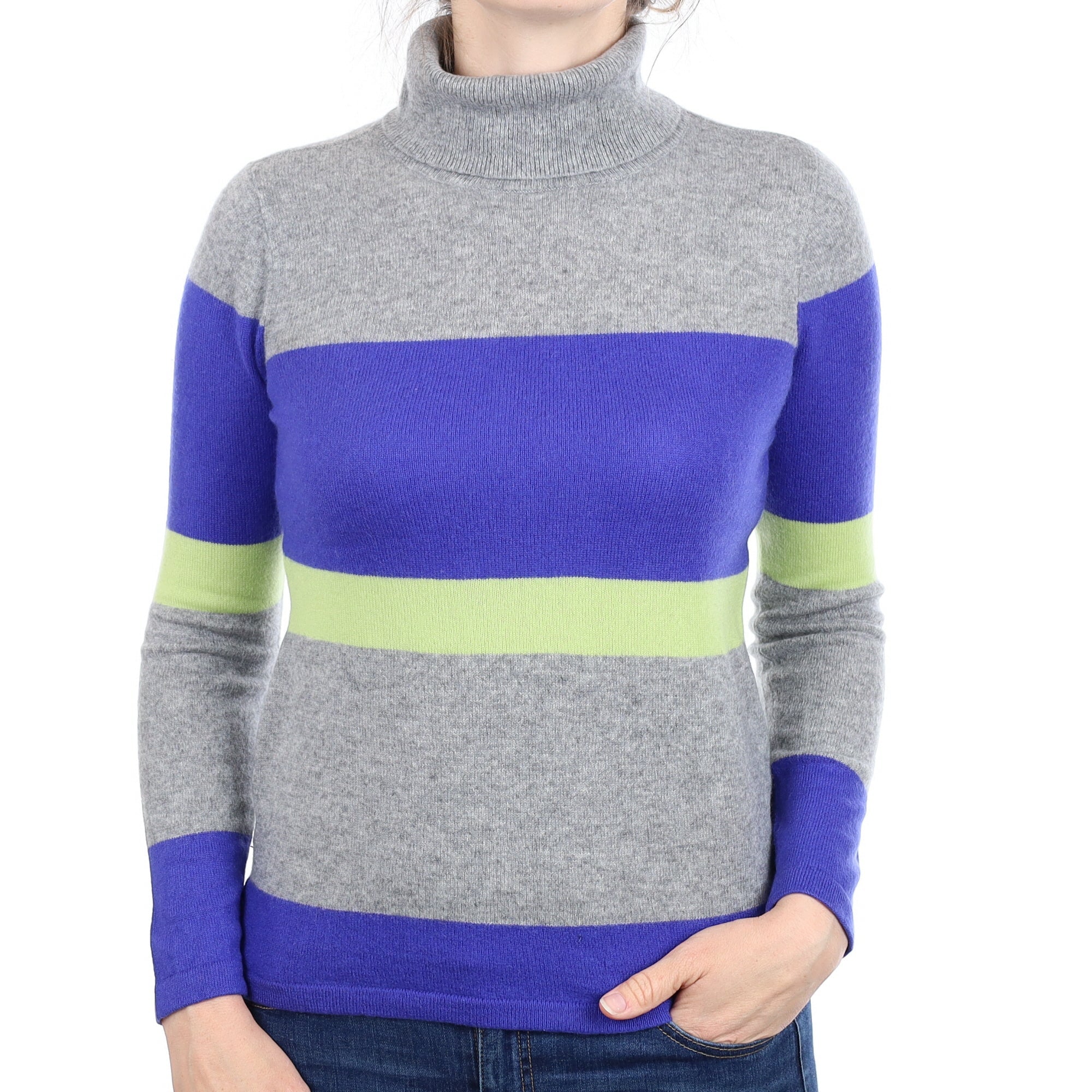 Grey and Cobalt Stripe Cashmere Polo Neck Jumper Small