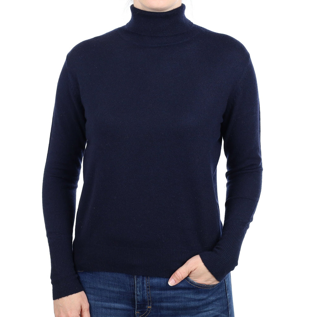 Navy Blue Cashmere Boxy Polo Neck Jumper Small