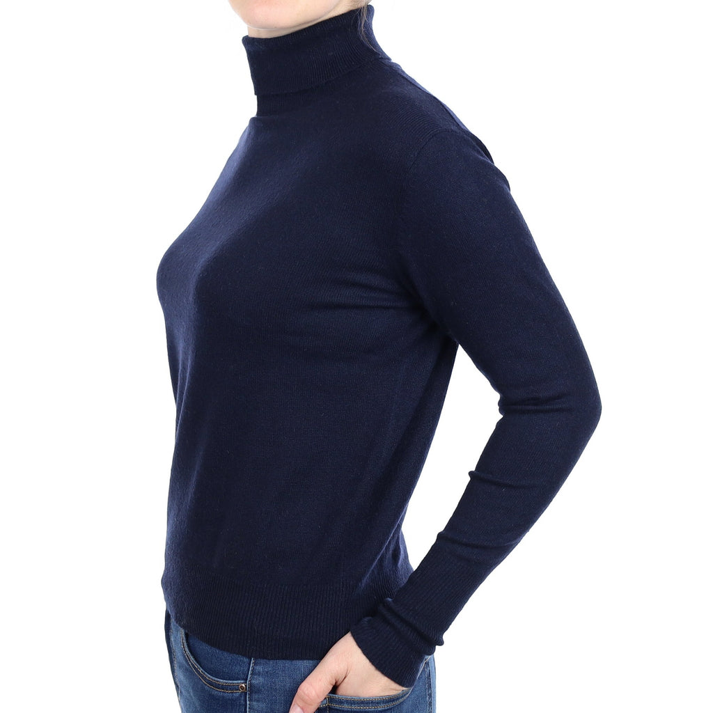 Navy Blue Cashmere Boxy Polo Neck Jumper Small
