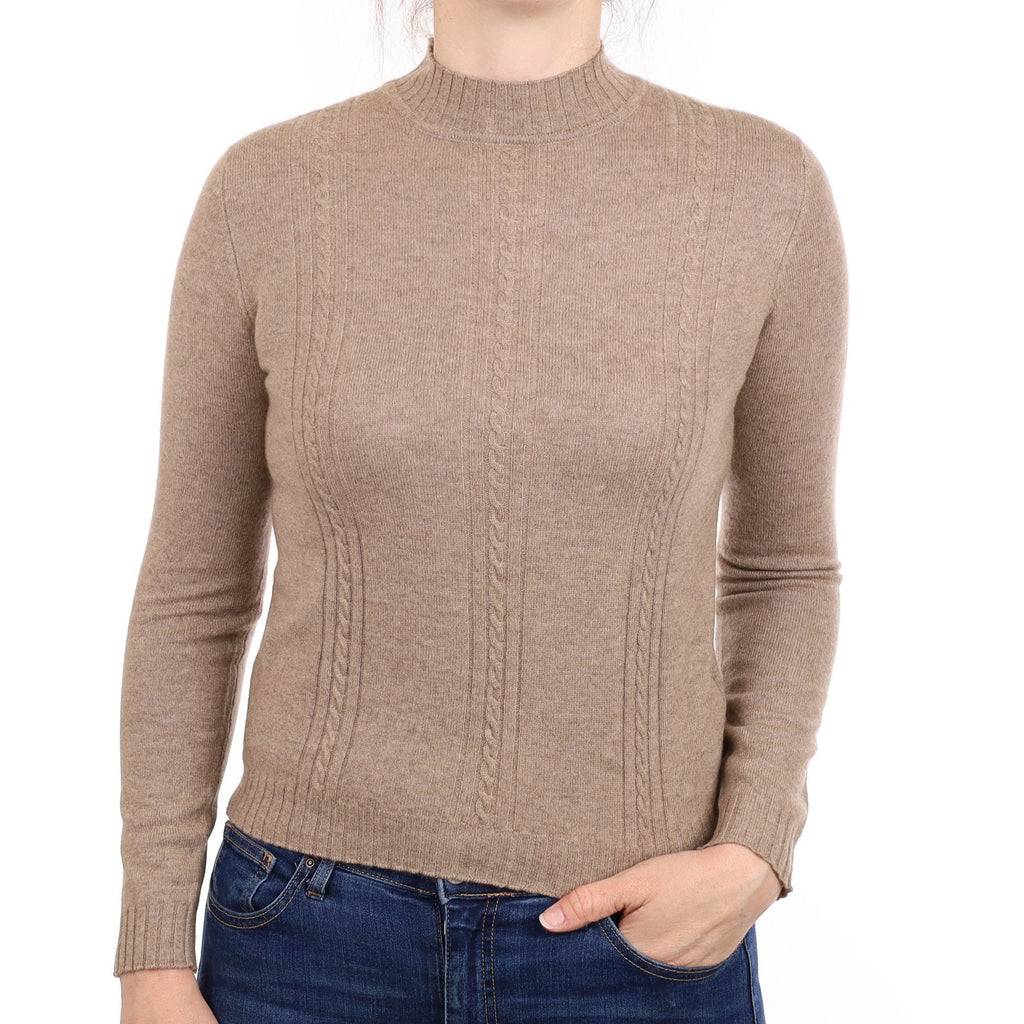 Taupe Brown Cable Detail Cashmere Turtle Neck Jumper Small