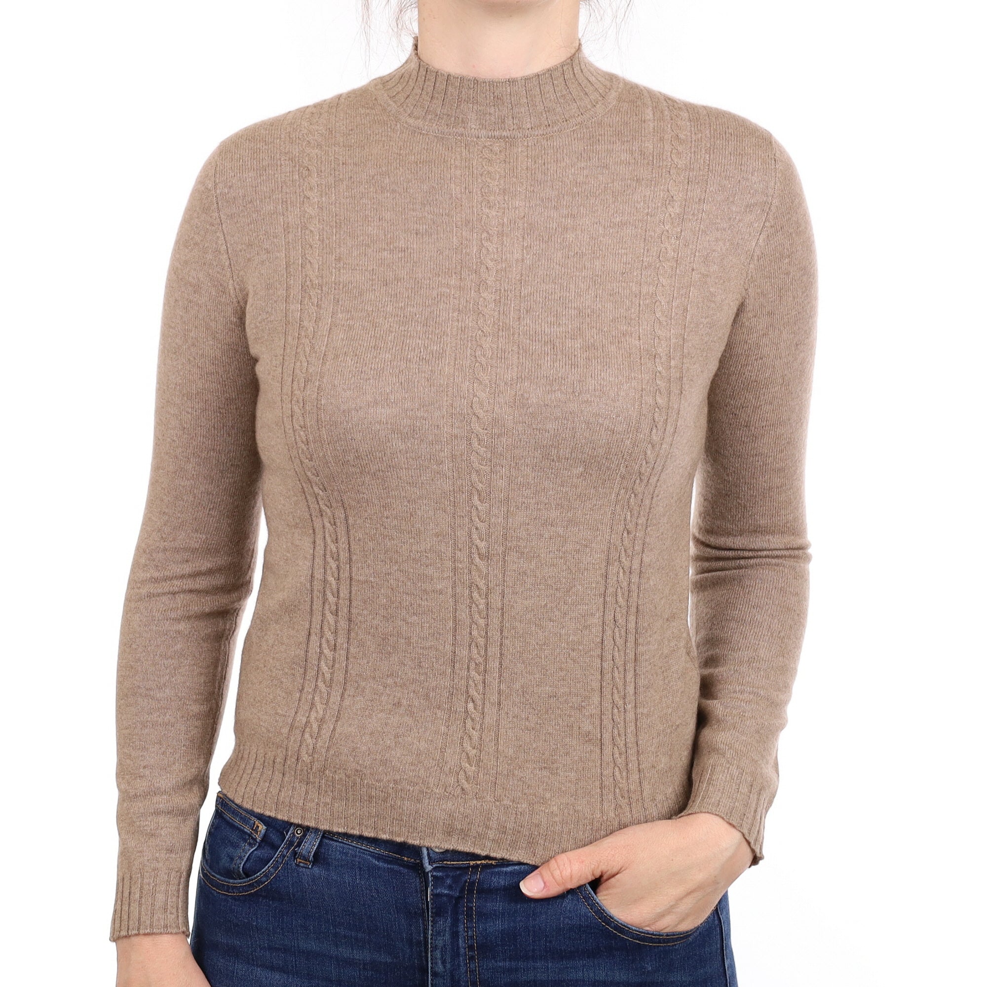 Taupe Brown Cable Detail Cashmere Turtle Neck Jumper Small