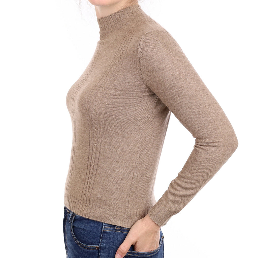 Taupe Brown Cable Detail Cashmere Turtle Neck Jumper Small