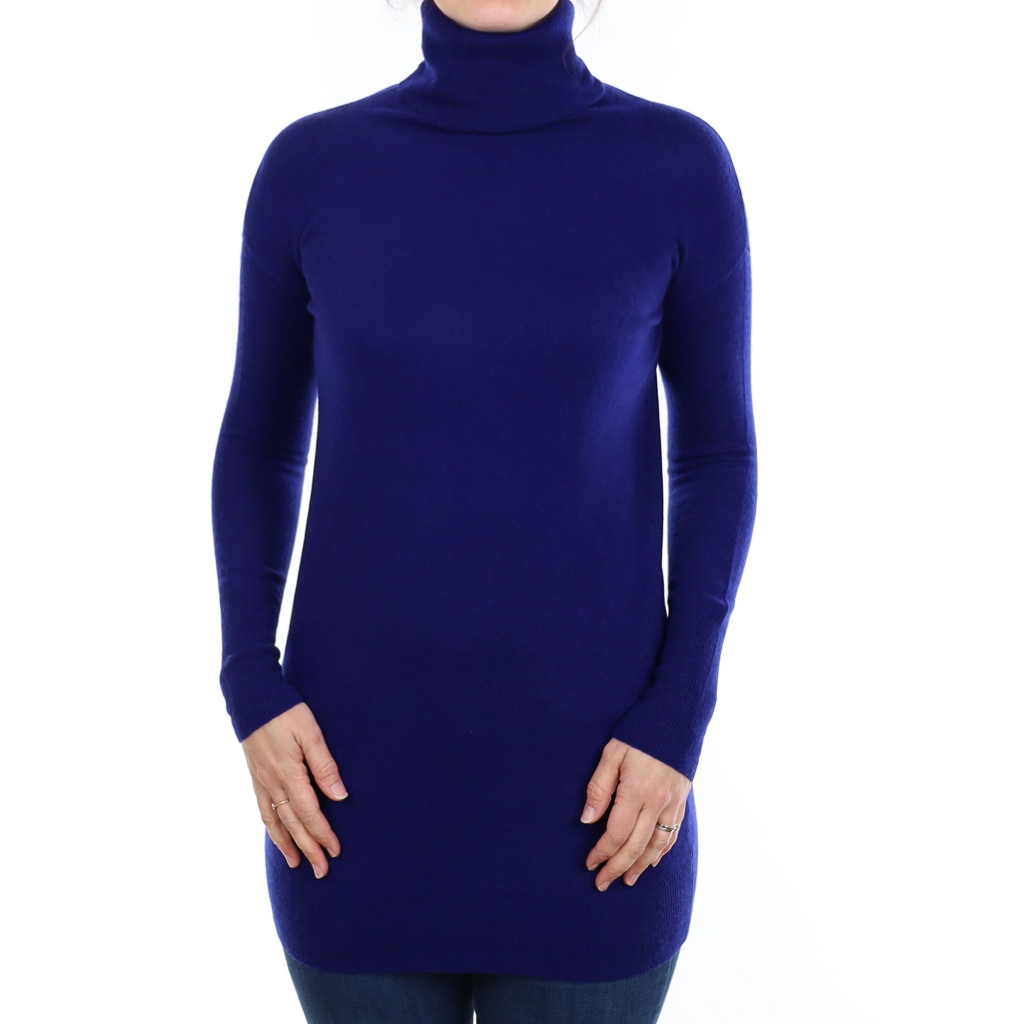 Spanish Blue Cashmere Longline Polo Neck Jumper Small