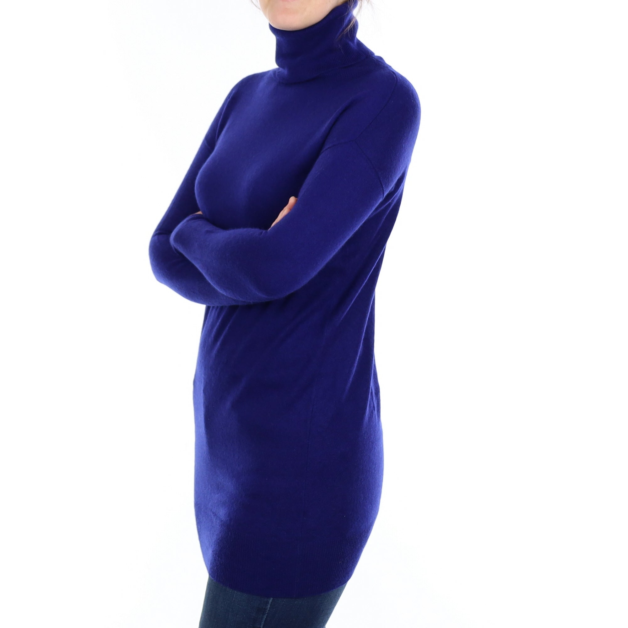 Spanish Blue Cashmere Longline Polo Neck Jumper Small