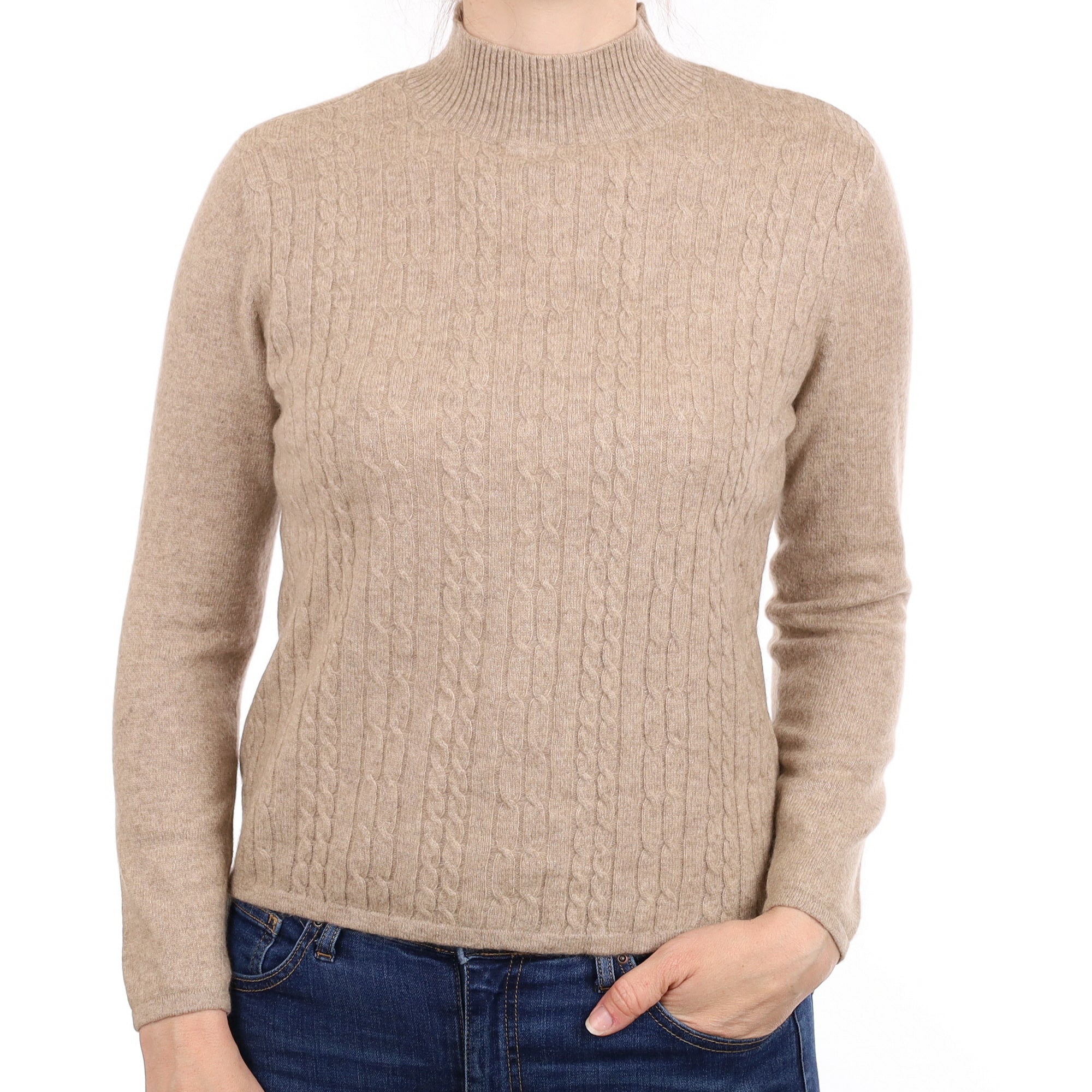 Fawn Cable Front Cashmere Turtleneck Jumper Small