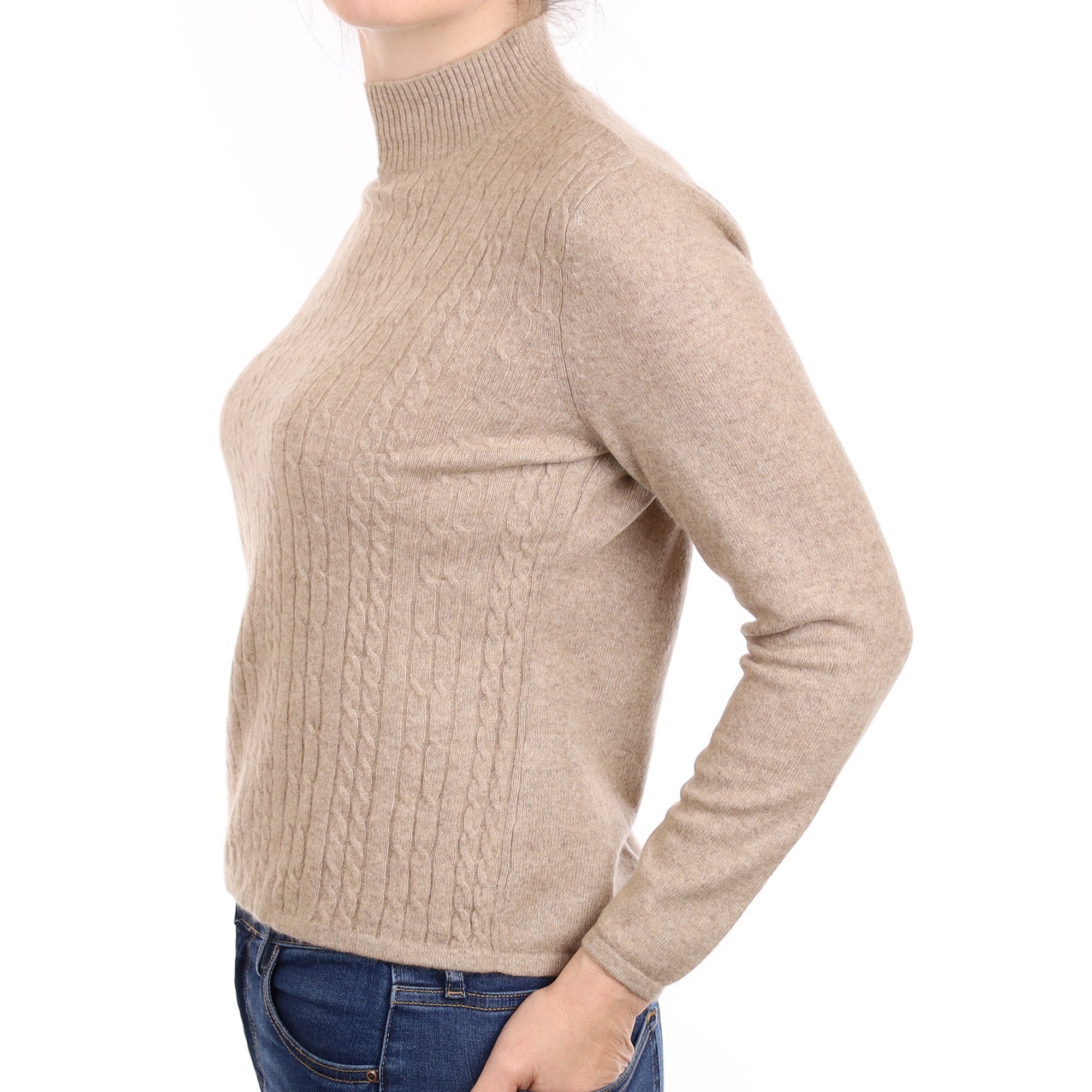 Fawn Cable Front Cashmere Turtleneck Jumper Small