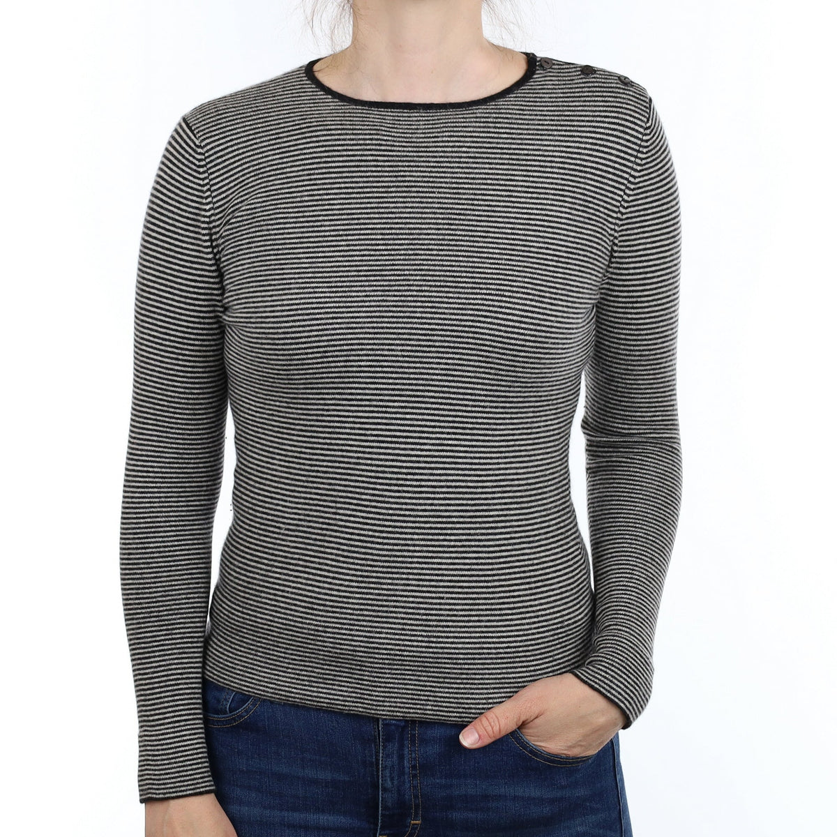 Black And Ivory Stripe Cashmere Crew Neck Jumper Small