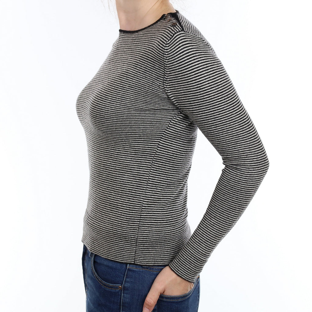 Black And Ivory Stripe Cashmere Crew Neck Jumper Small