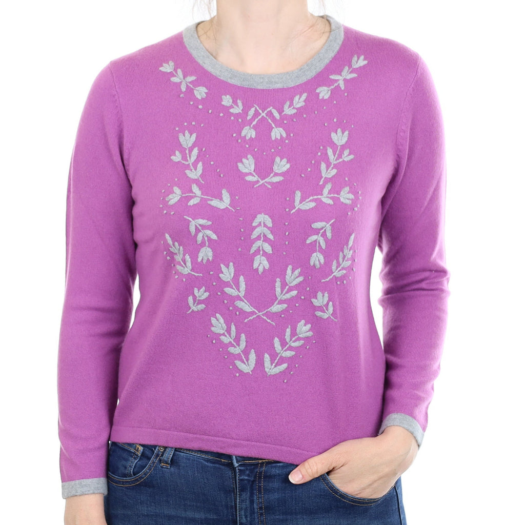 Purple And Grey Floral Cashmere Crew Neck Jumper Small