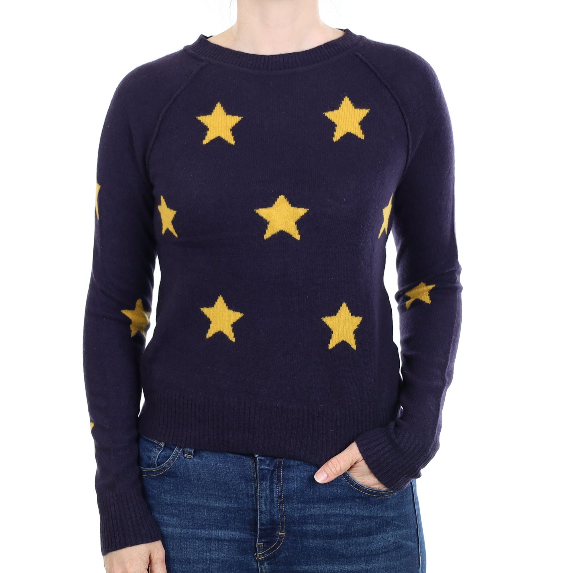 Navy Marigold Star Cashmere Crew Neck Jumper Small