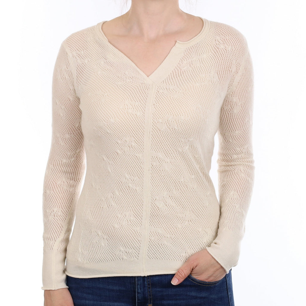 Cream Lace Knit Cashmere Notch Neck Jumper Small