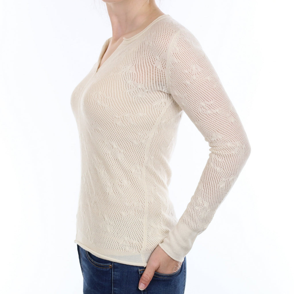 Cream Lace Knit Cashmere Notch Neck Jumper Small