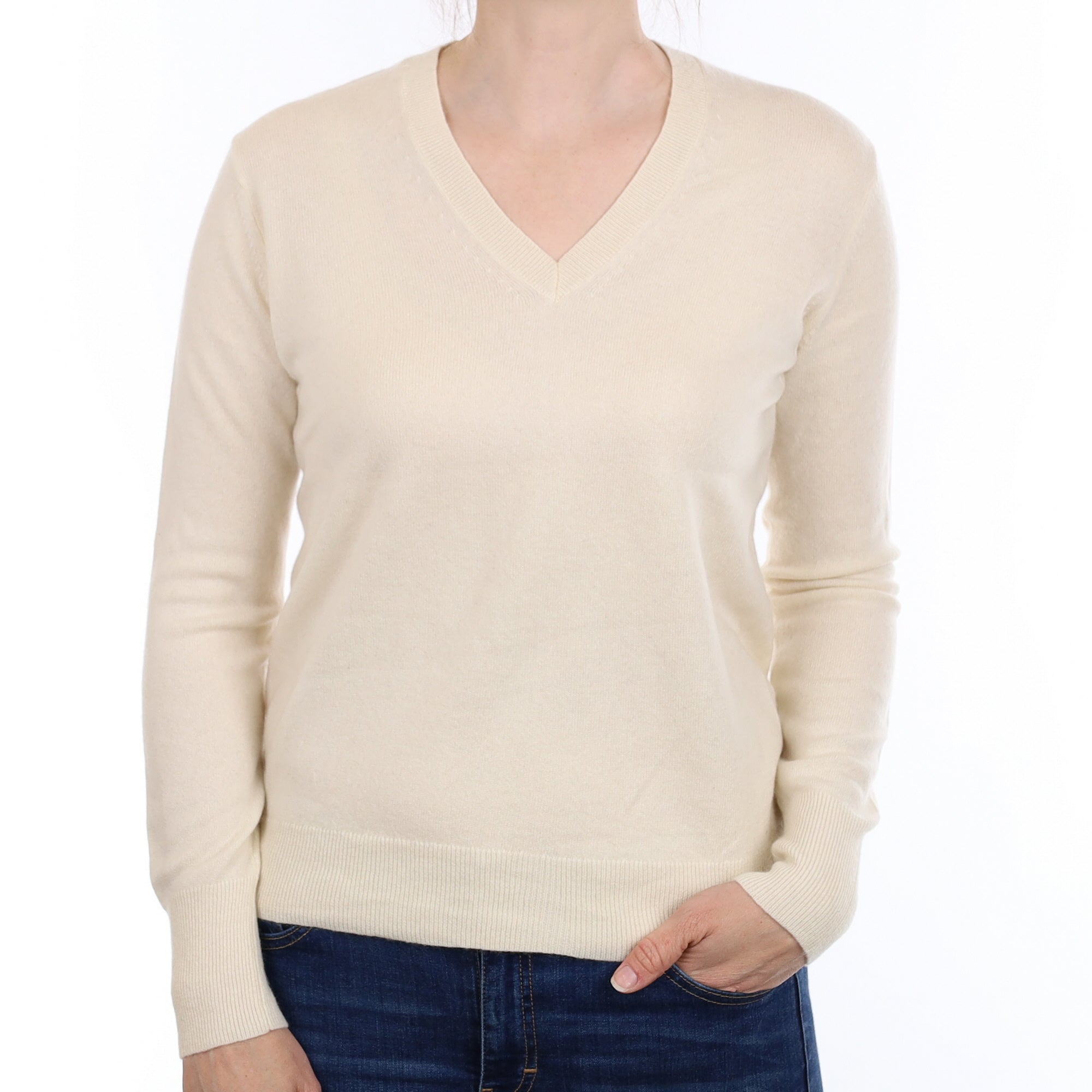 Warm White Cashmere V Neck Jumper Small