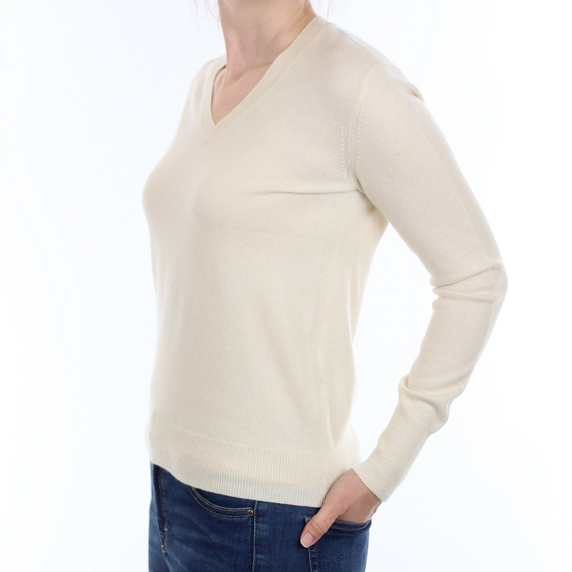 Warm White Cashmere V Neck Jumper Small