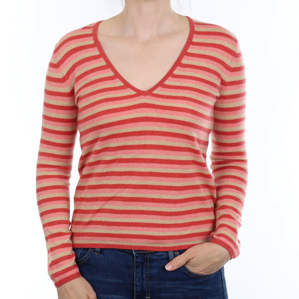 Pink And Beige Stripe Cashmere V Neck Jumper Small