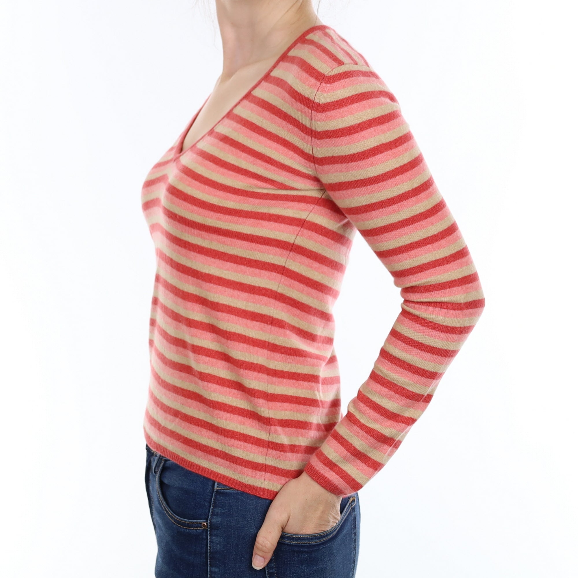 Pink And Beige Stripe Cashmere V Neck Jumper Small