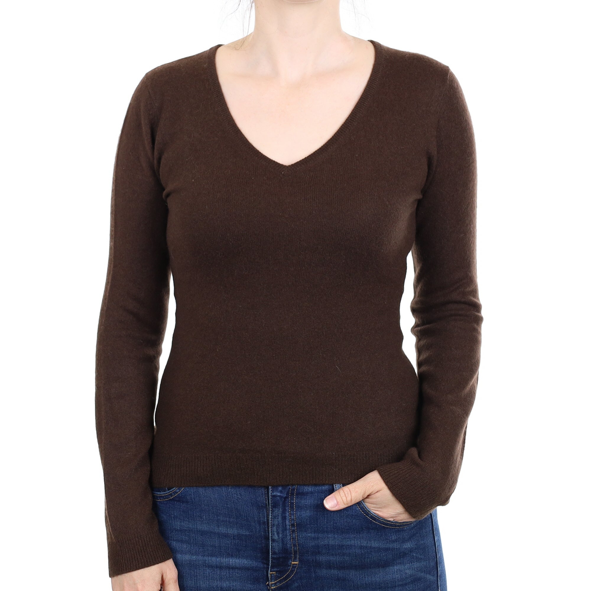 Chocolate Brown Cashmere V Neck Jumper Small