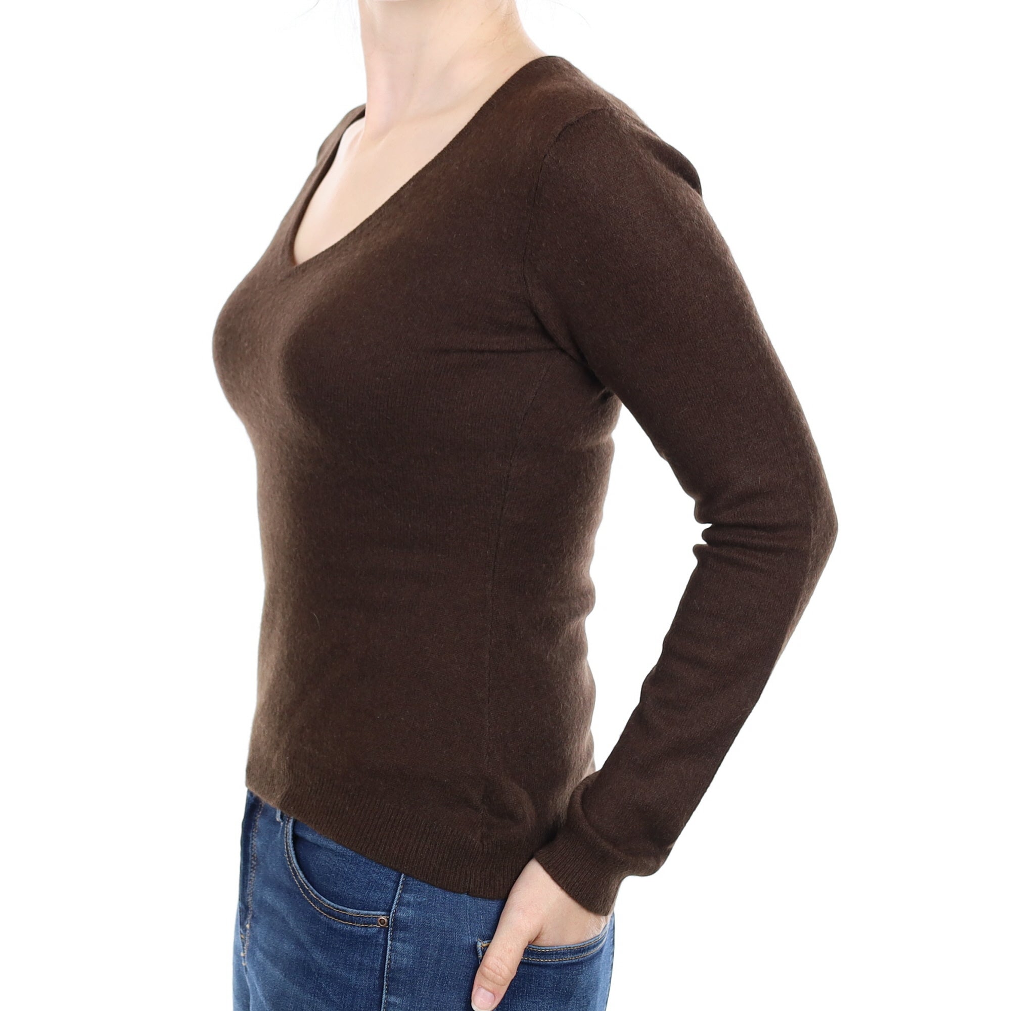 Chocolate Brown Cashmere V Neck Jumper Small