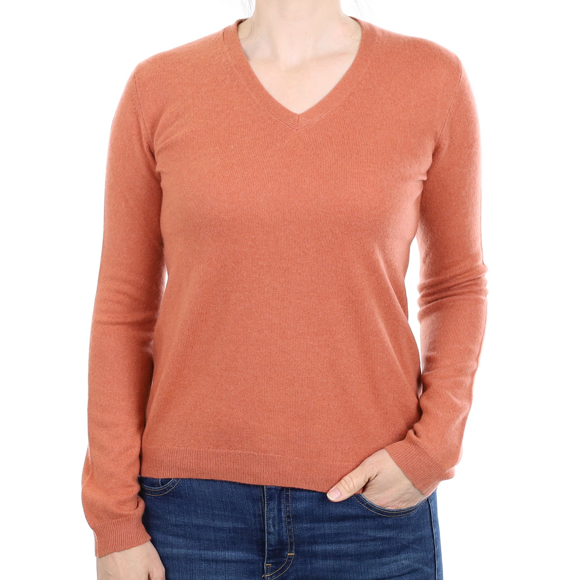 Terracotta Orange Cashmere V Neck Jumper Small