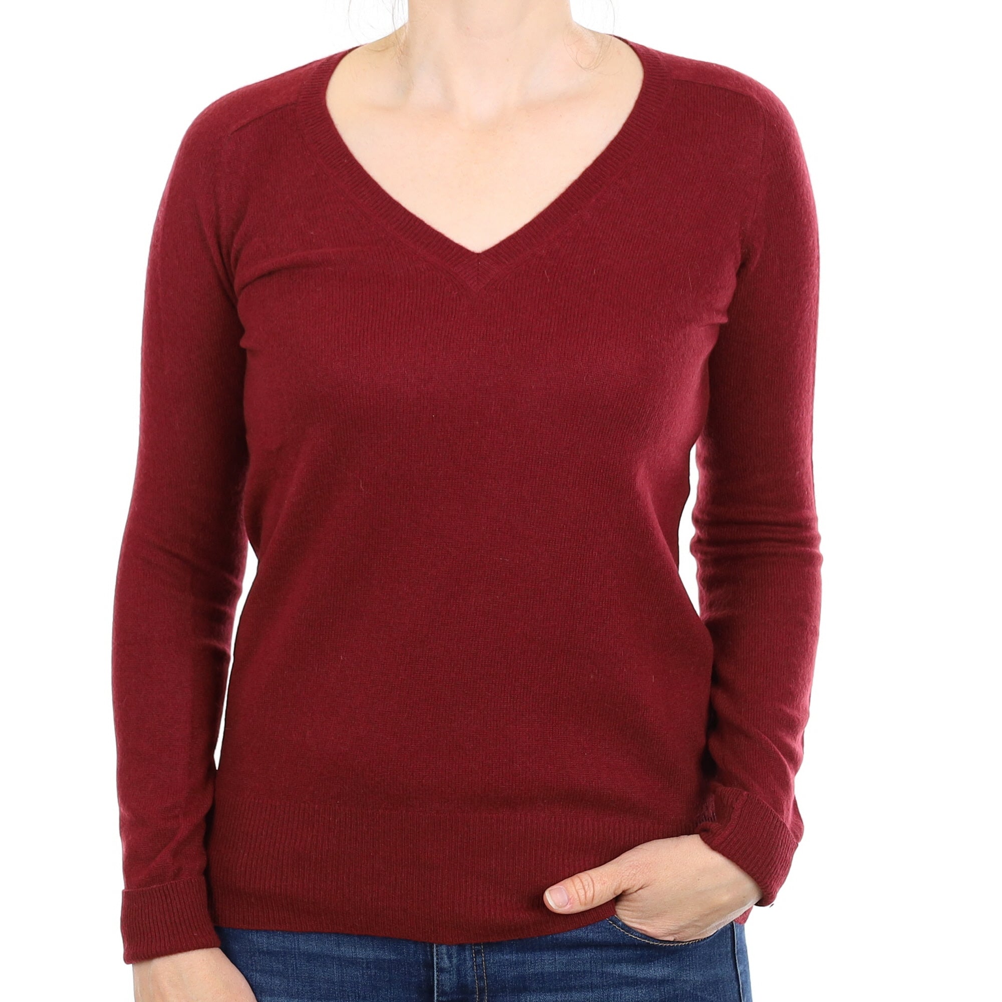 Burgundy Red Cashmere V Neck Jumper Small