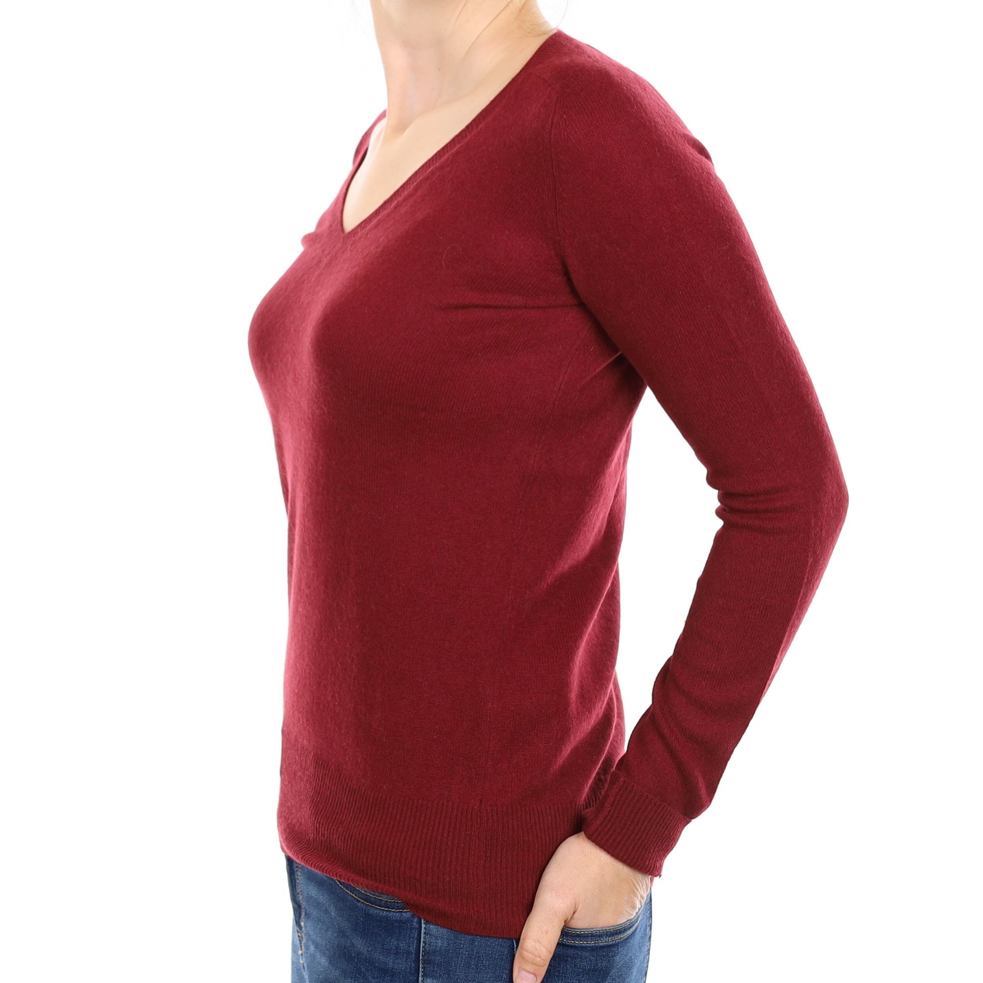 Burgundy Red Cashmere V Neck Jumper Small