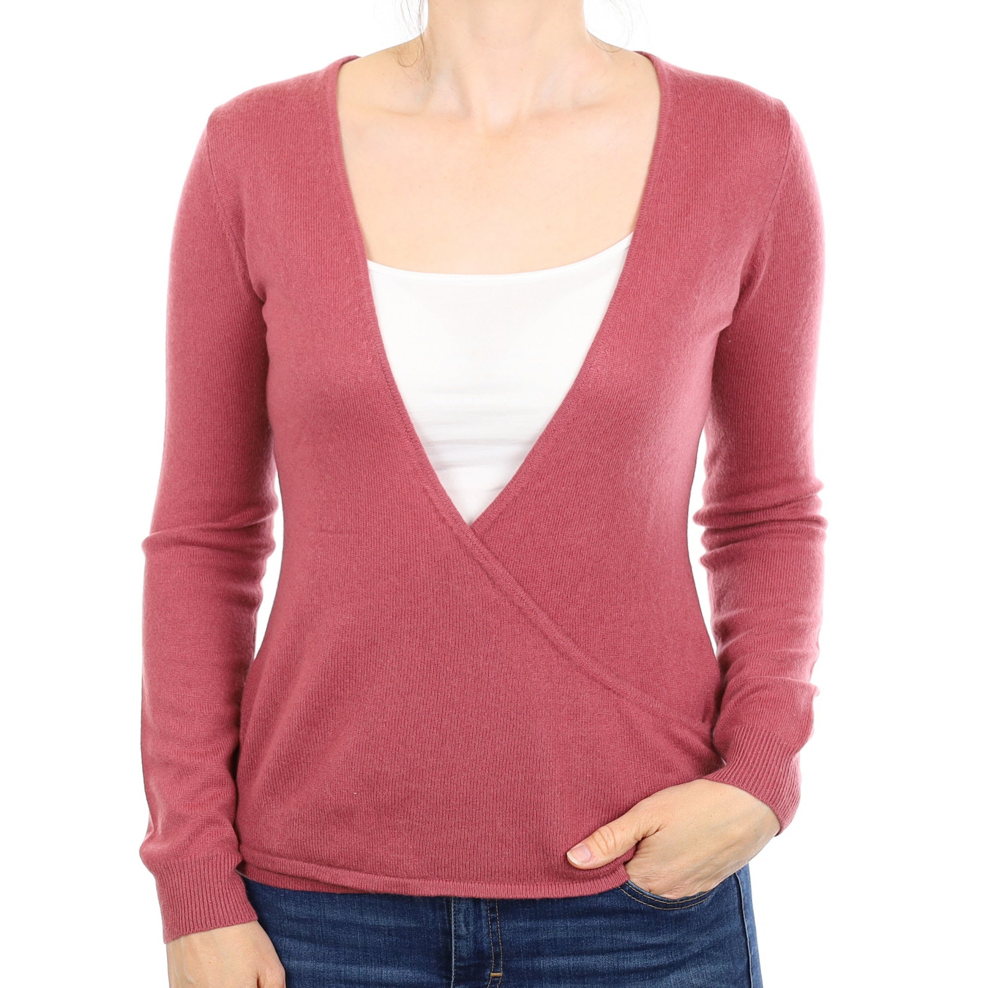 Heather Pink Cashmere Cross Over V Neck Jumper Small