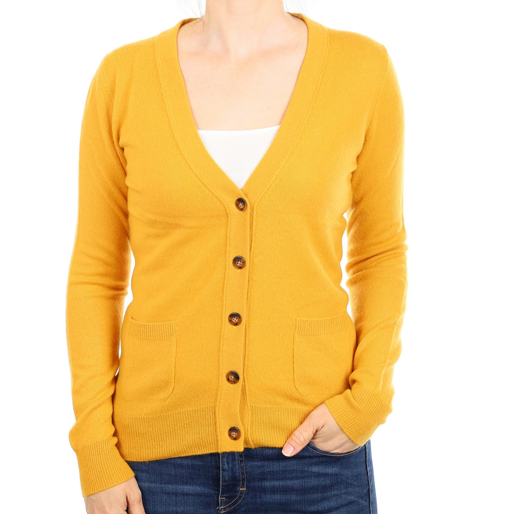 Marigold Orange Cashmere V Neck Cardigan With Pockets Small