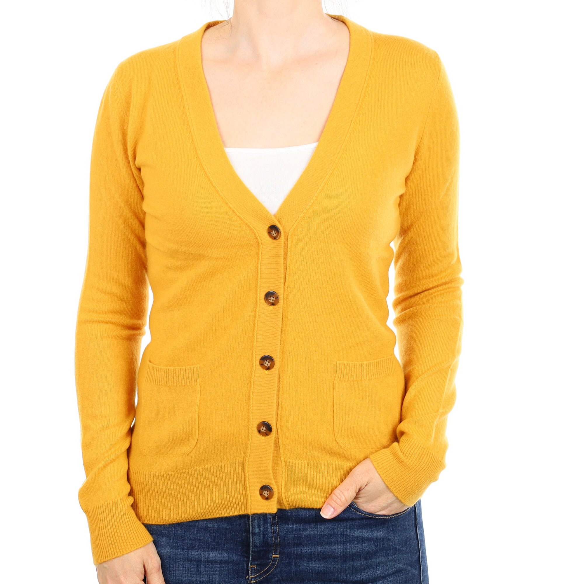 Marigold Orange Cashmere V Neck Cardigan With Pockets Small