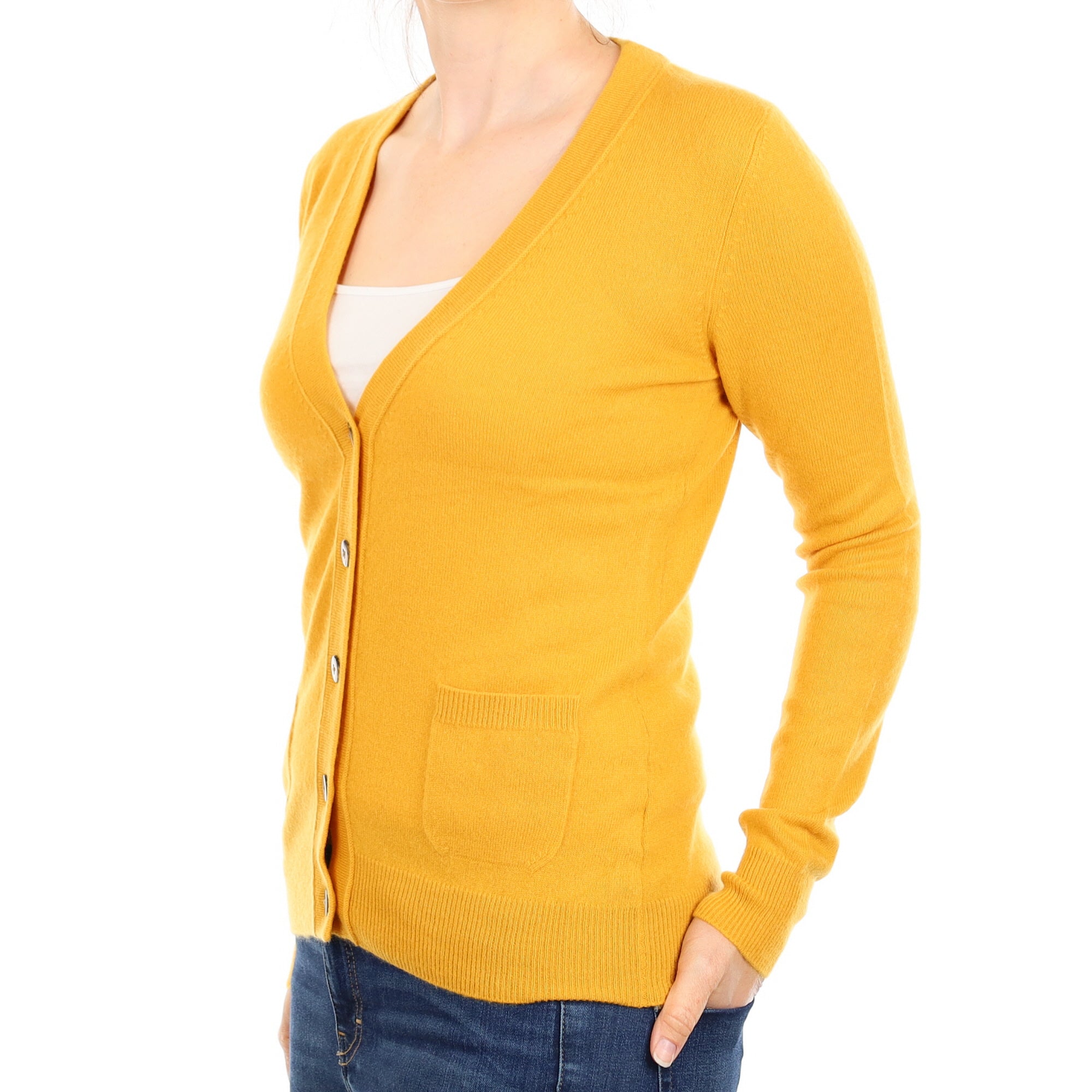 Marigold Orange Cashmere V Neck Cardigan With Pockets Small