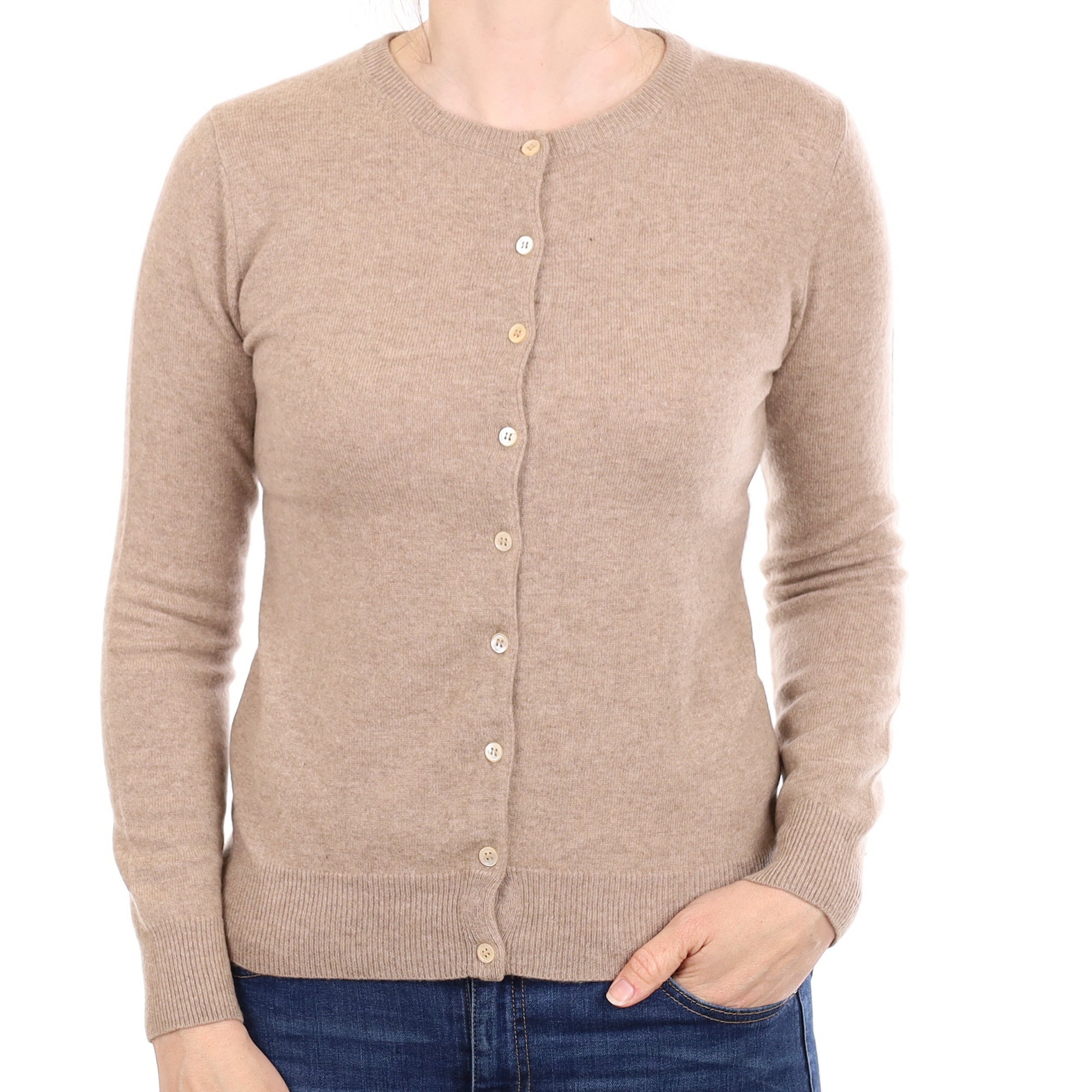 Taupe Cashmere Crew Neck Cardigan Small