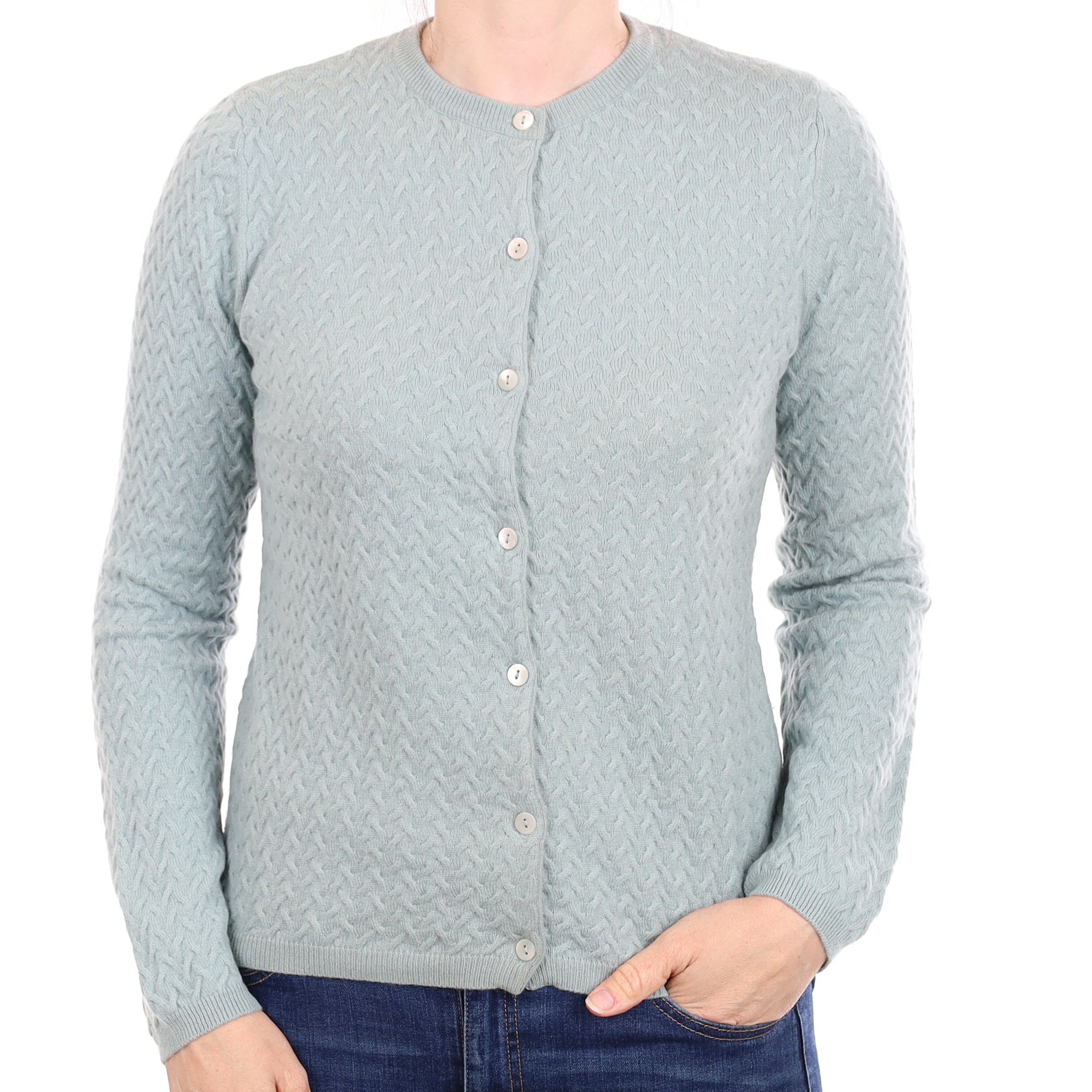 Dusky Green Textured Cashmere Crew Neck Cardigan Small
