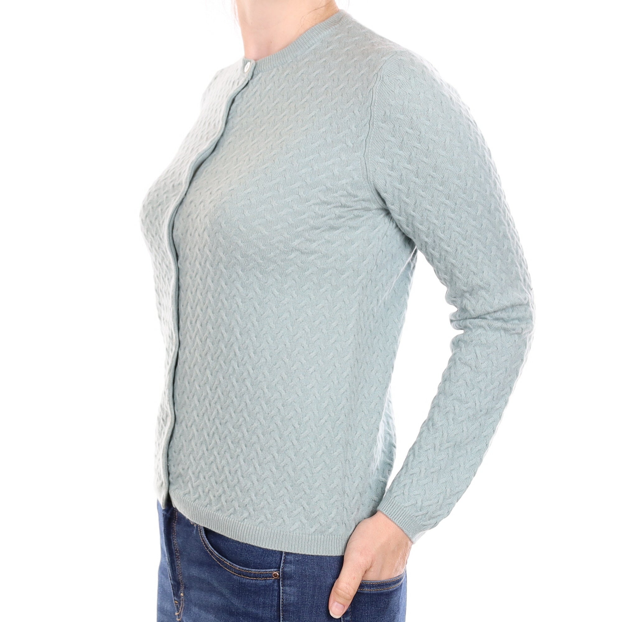 Dusky Green Textured Cashmere Crew Neck Cardigan Small