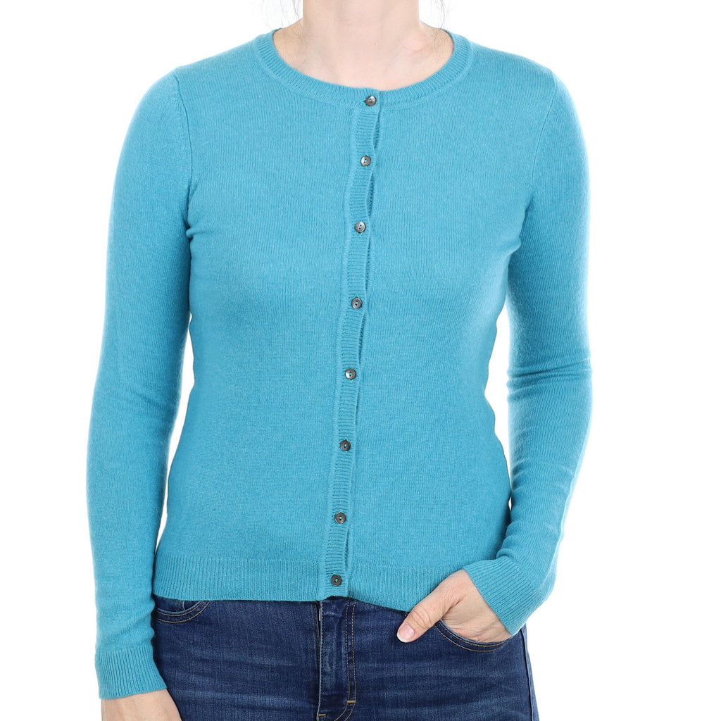 Turquoise Cashmere Crew Neck Cardigan Small
