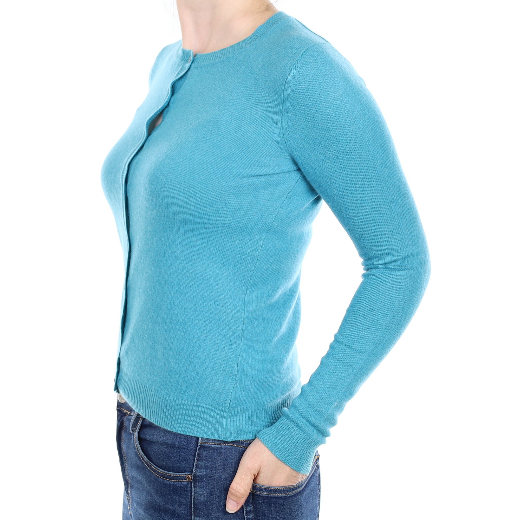 Turquoise Cashmere Crew Neck Cardigan Small