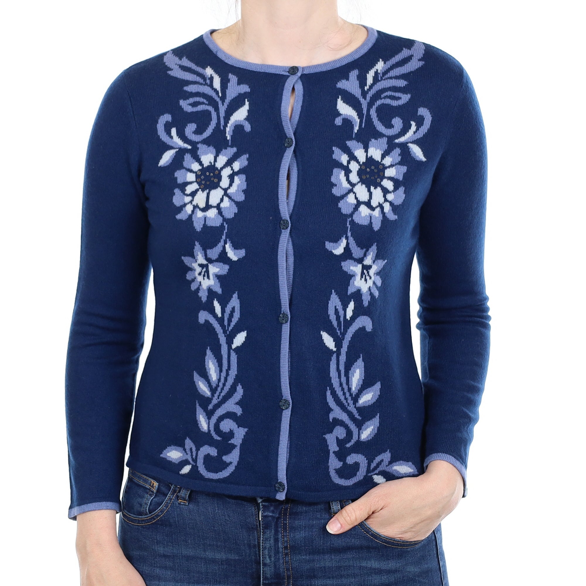 Blue Floral Cashmere Crew Neck Cardigan Small