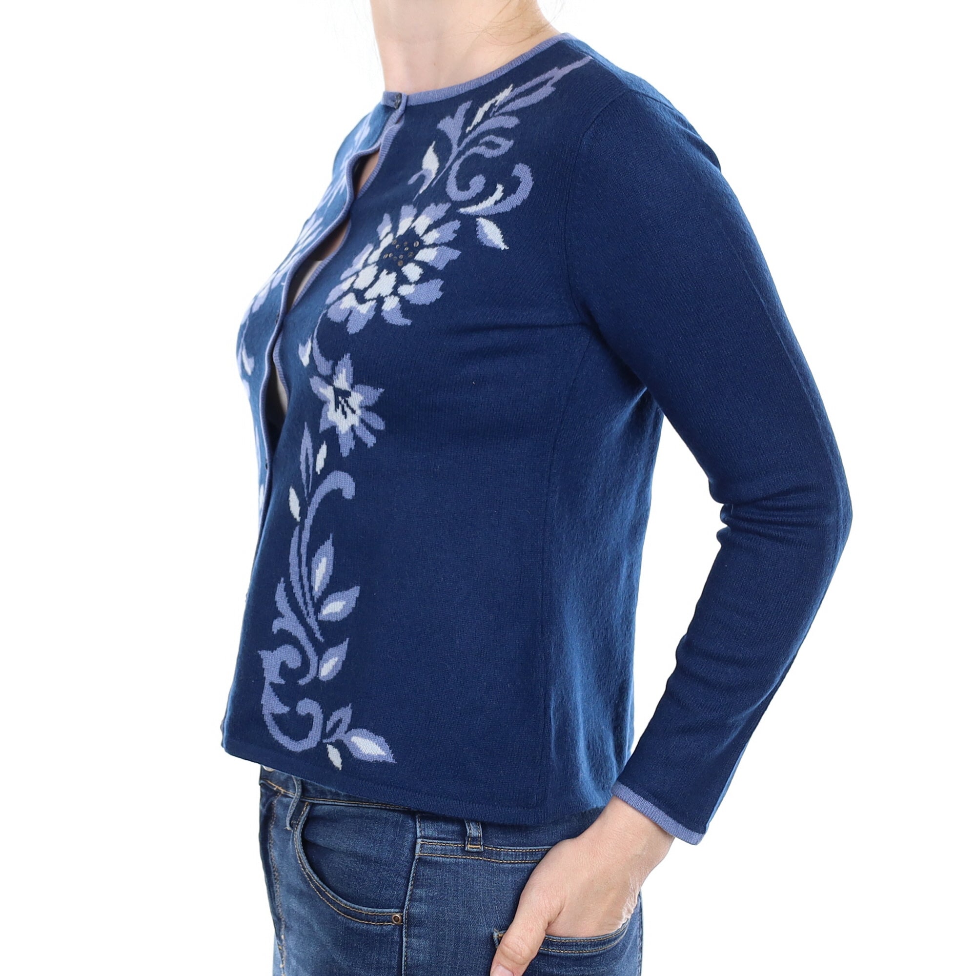 Blue Floral Cashmere Crew Neck Cardigan Small