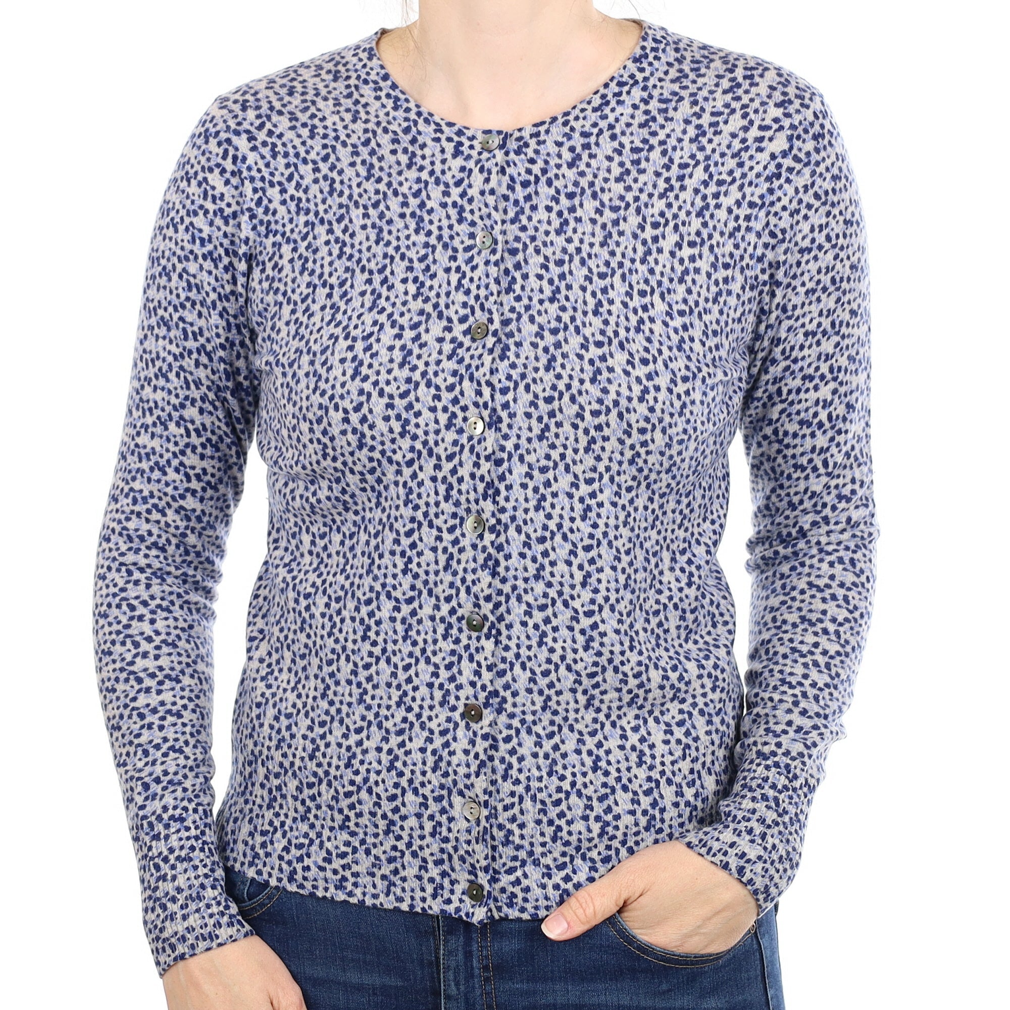Blue And Grey Patterned Cashmere Crew Neck Cardigan Small