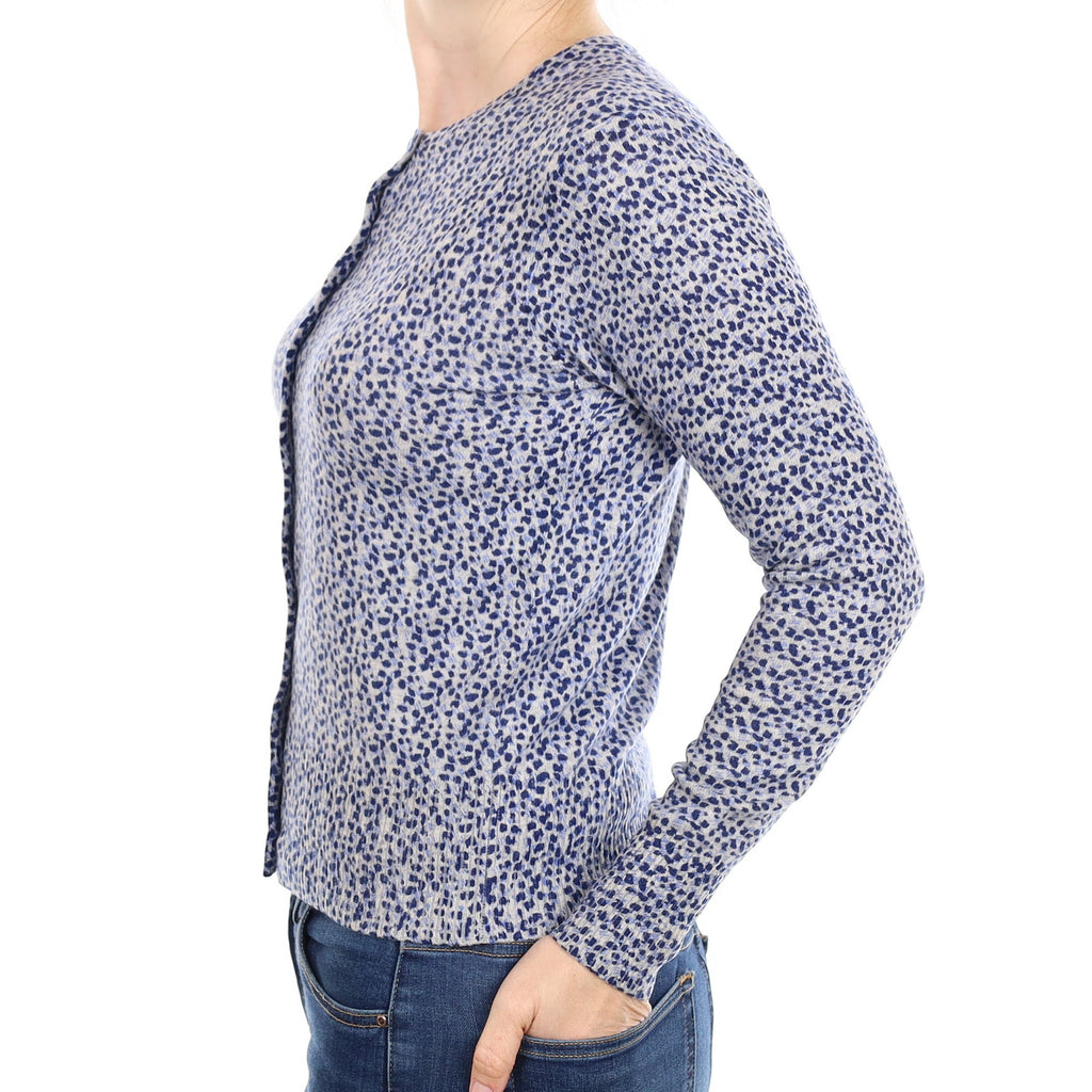Blue And Grey Patterned Cashmere Crew Neck Cardigan Small