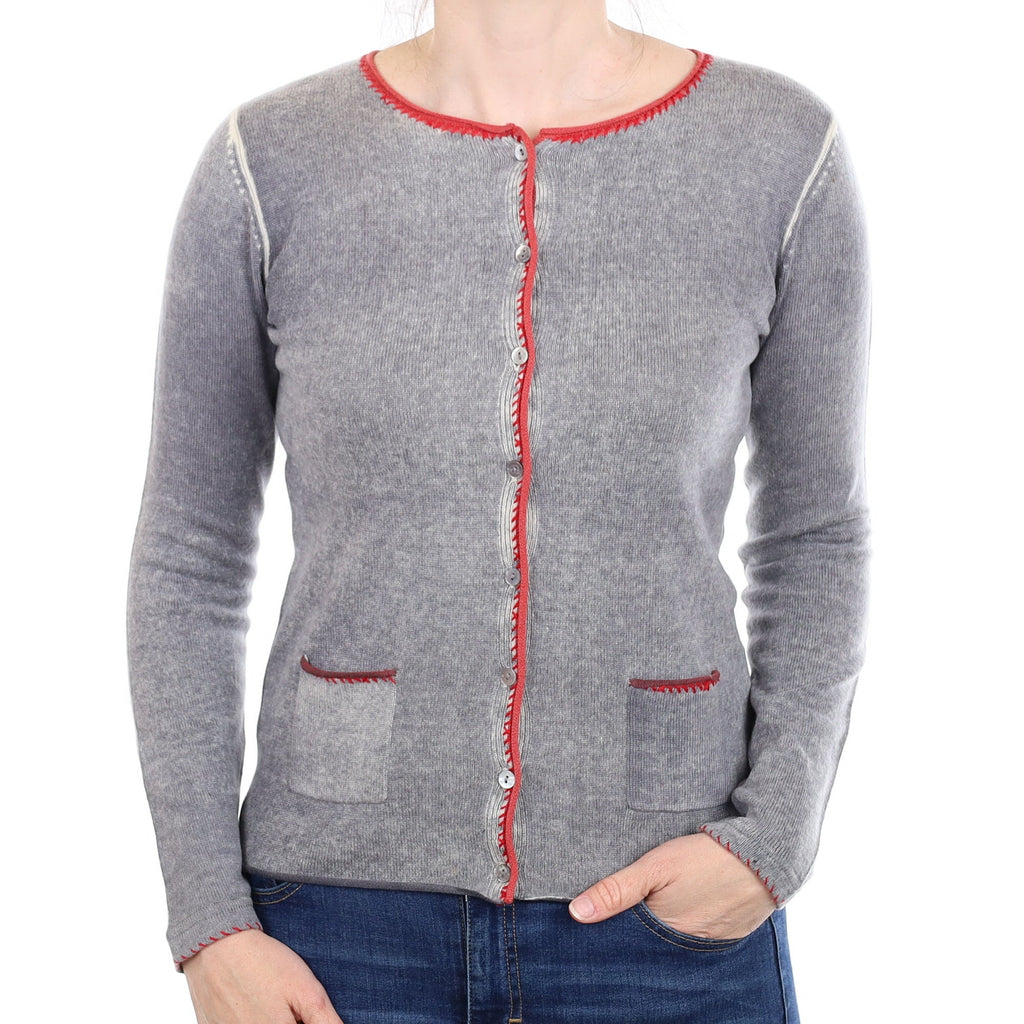 Grey Bleach Washed Cashmere Crew Neck Cardigan With Pockets Small