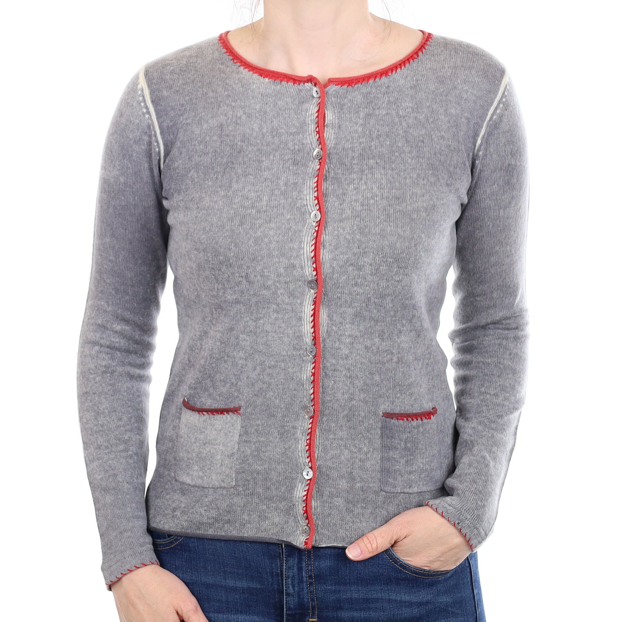 Grey Bleach Washed Cashmere Crew Neck Cardigan With Pockets Small