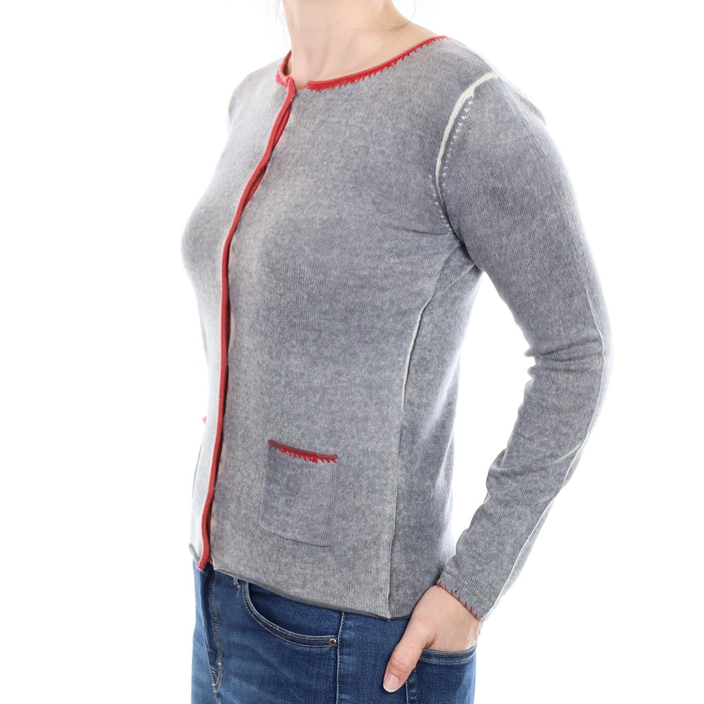 Grey Bleach Washed Cashmere Crew Neck Cardigan With Pockets Small