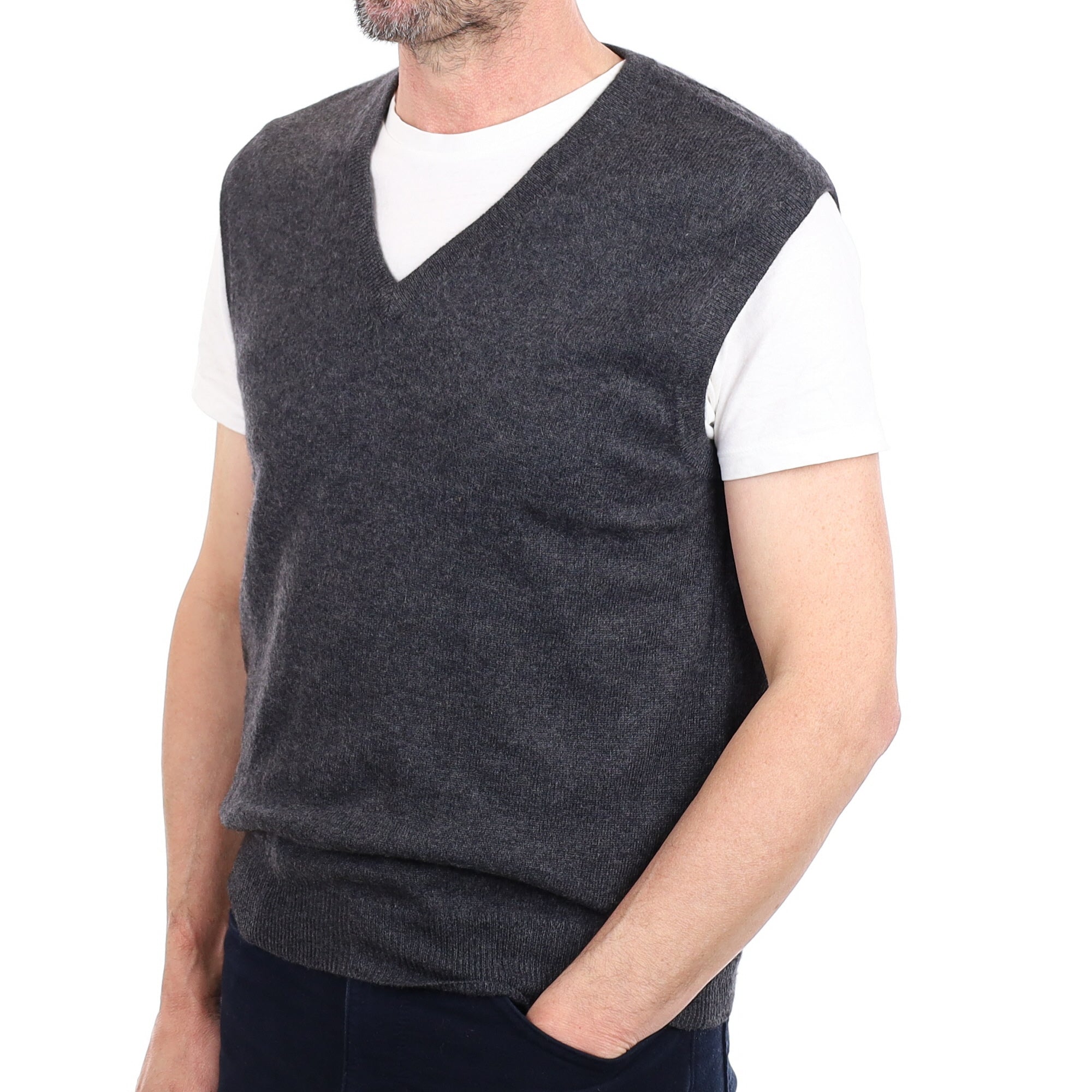 Men's Graphite Grey Cashmere V Neck Tank Top Small