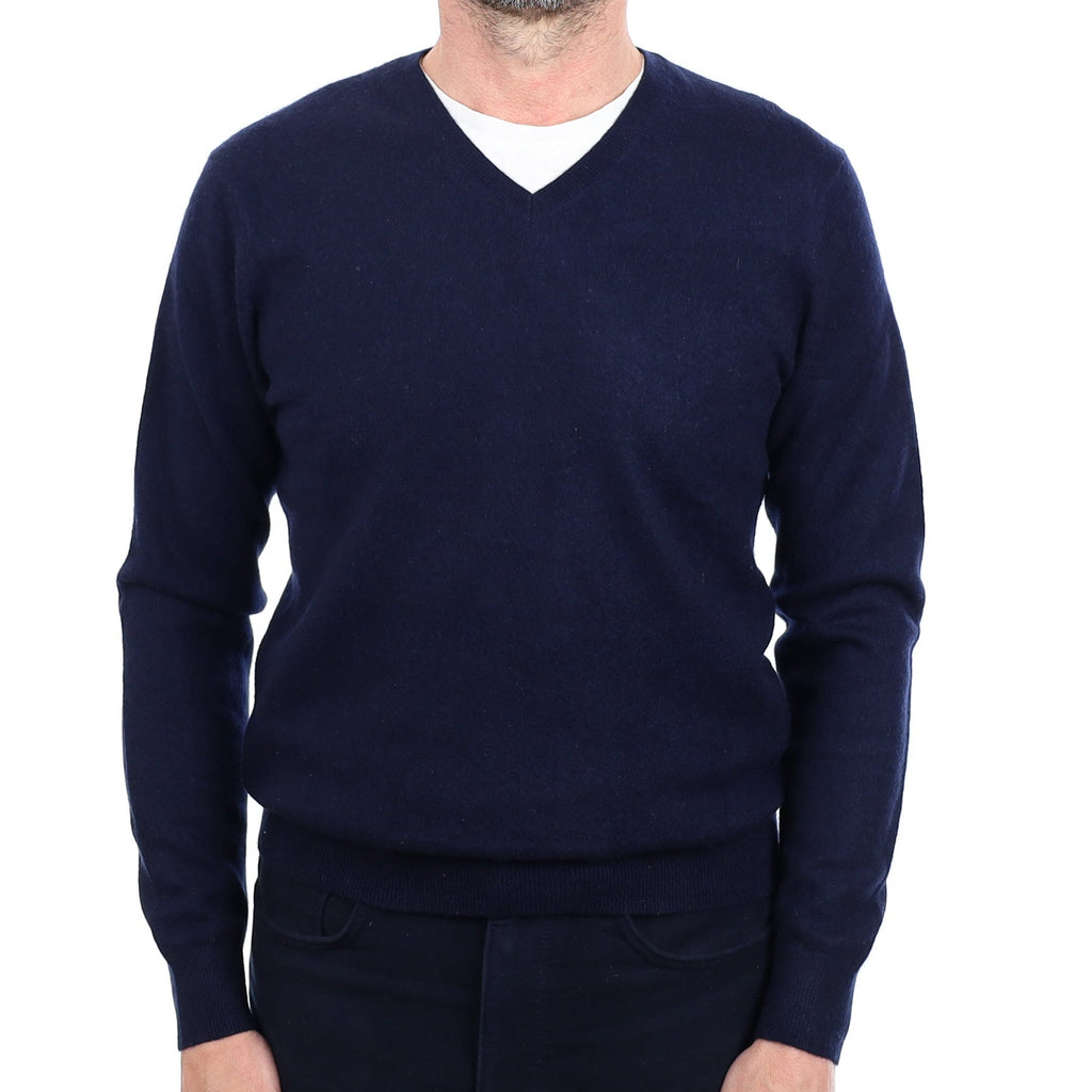 Men's Dark Navy Cashmere V Neck Jumper Small