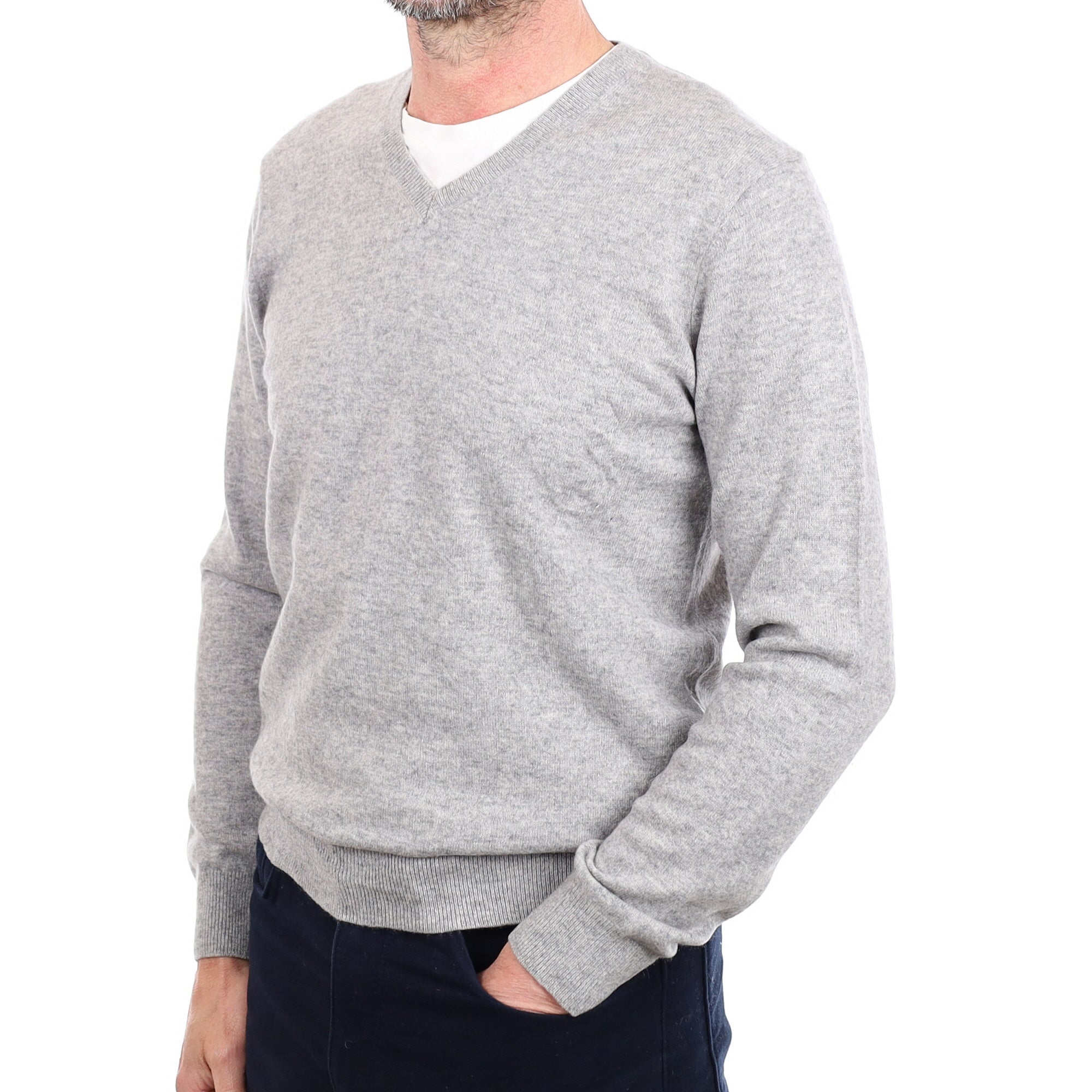 Men's Smoke Grey Cashmere V Neck Jumper Small