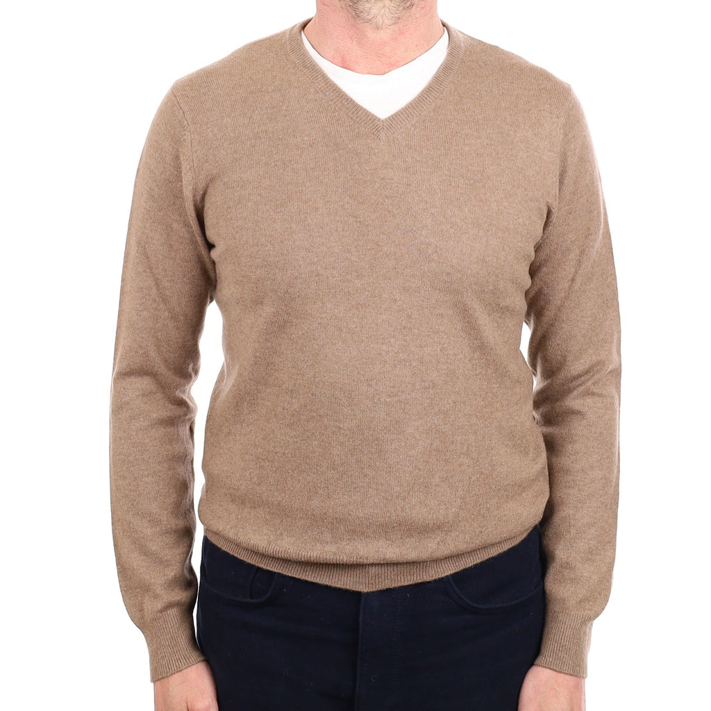 Men's Taupe Brown Cashmere V Neck Jumper Small