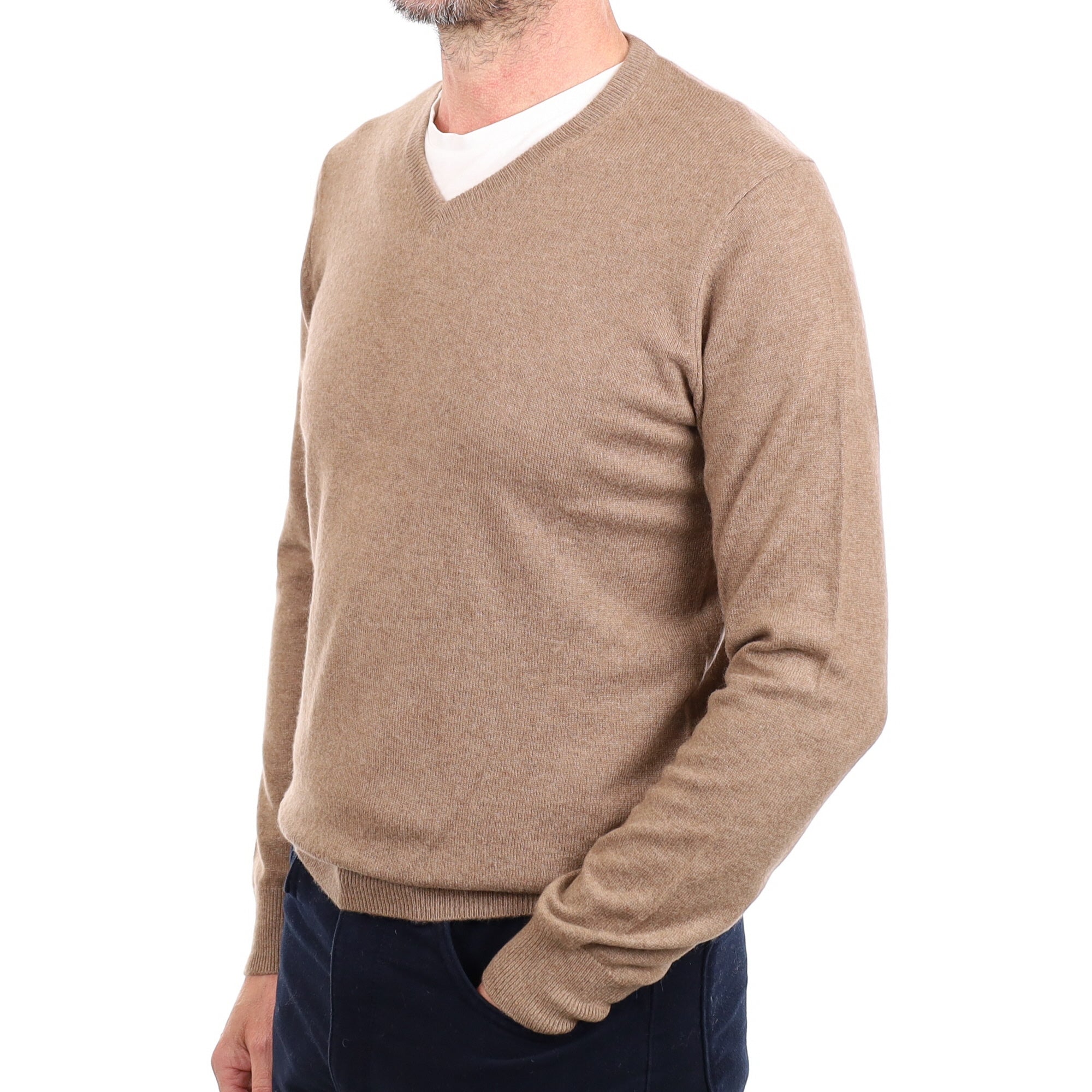 Men's Taupe Brown Cashmere V Neck Jumper Small