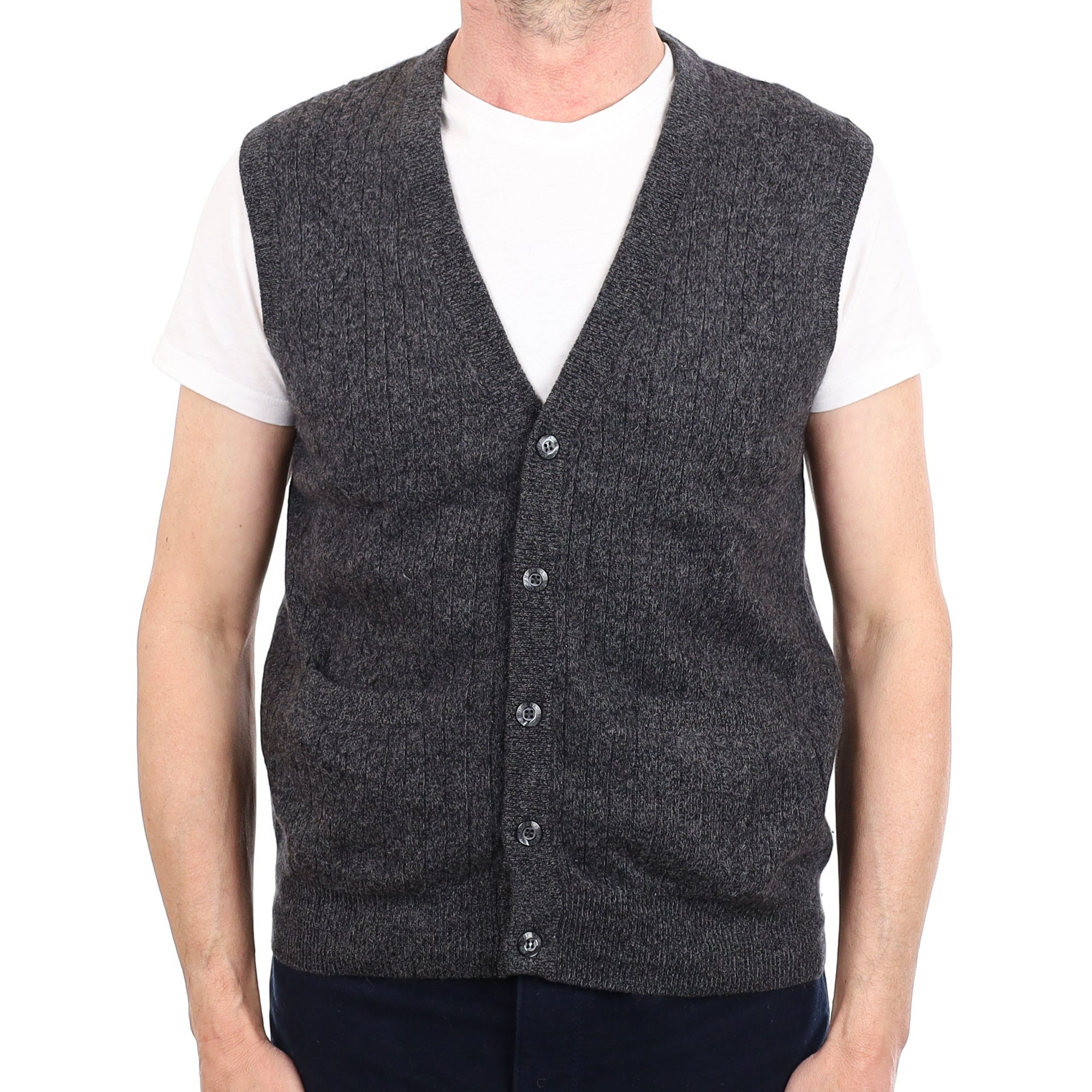 Men's Charcoal Marl Cashmere V Neck Waistcoat with Pockets Small