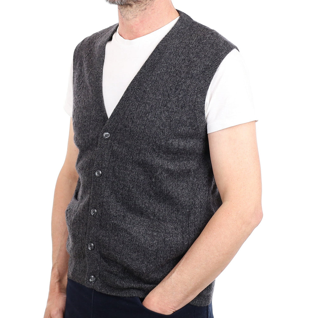 Men's Charcoal Marl Cashmere V Neck Waistcoat with Pockets Small