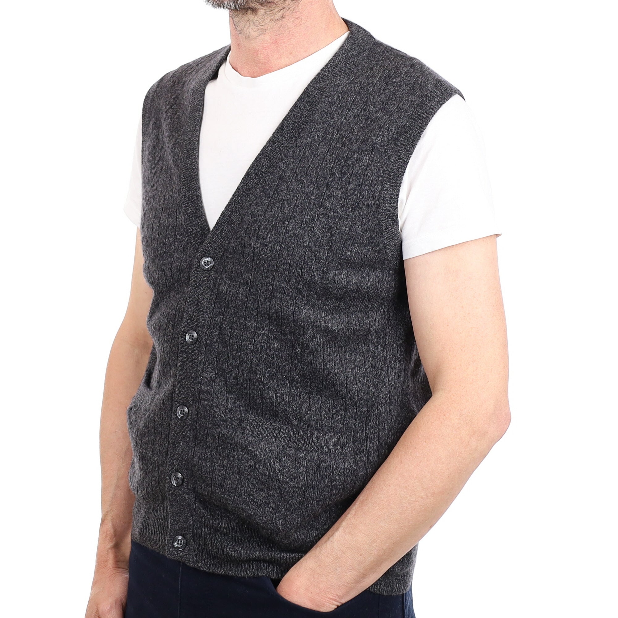 Men's Charcoal Marl Cashmere V Neck Waistcoat with Pockets Small